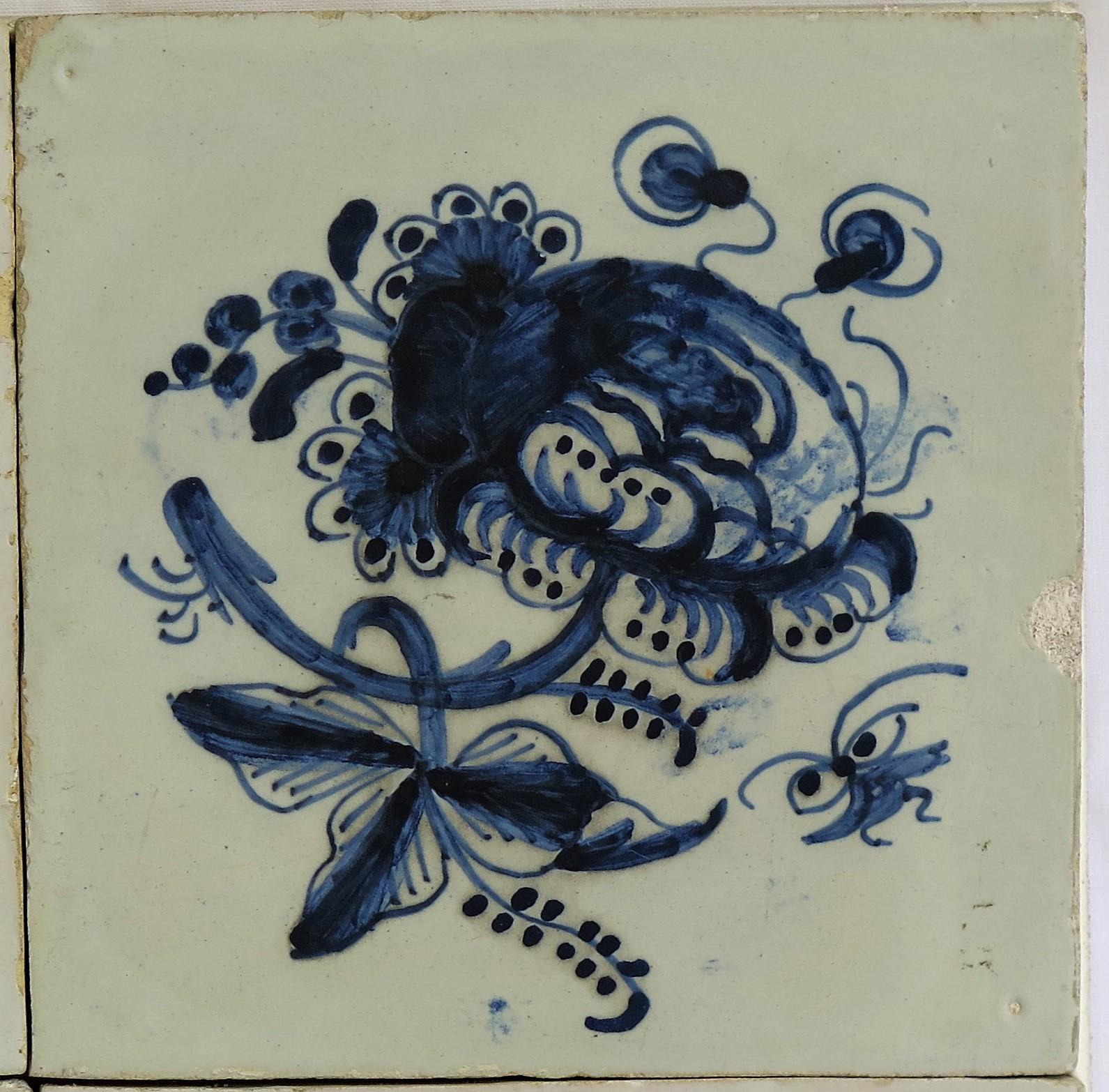 Hand-Painted Four 17th Century Delft Blue and White Wall Tiles on Frame Set 1, Netherlands For Sale