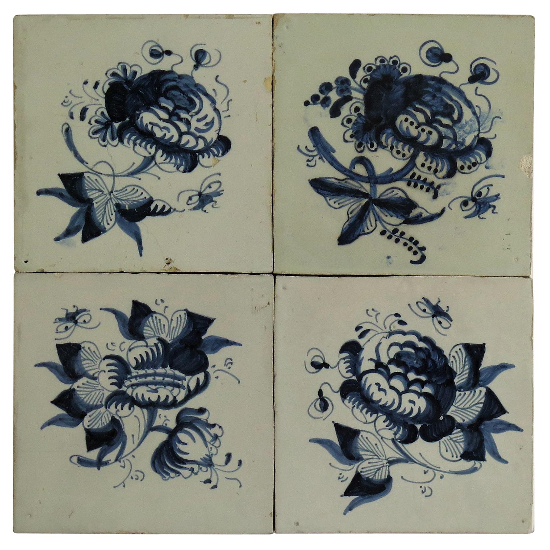 CUATRO Azulejos de Delft azules y blancos del siglo XVII sobre bastidor Conjunto 1, Países Bajos