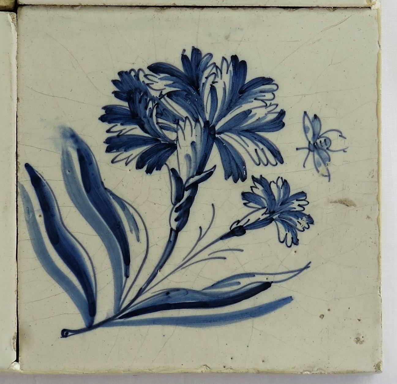 Earthenware Four 17th Century Delft Blue and White Wall Tiles on Frame Set 2, Netherlands For Sale