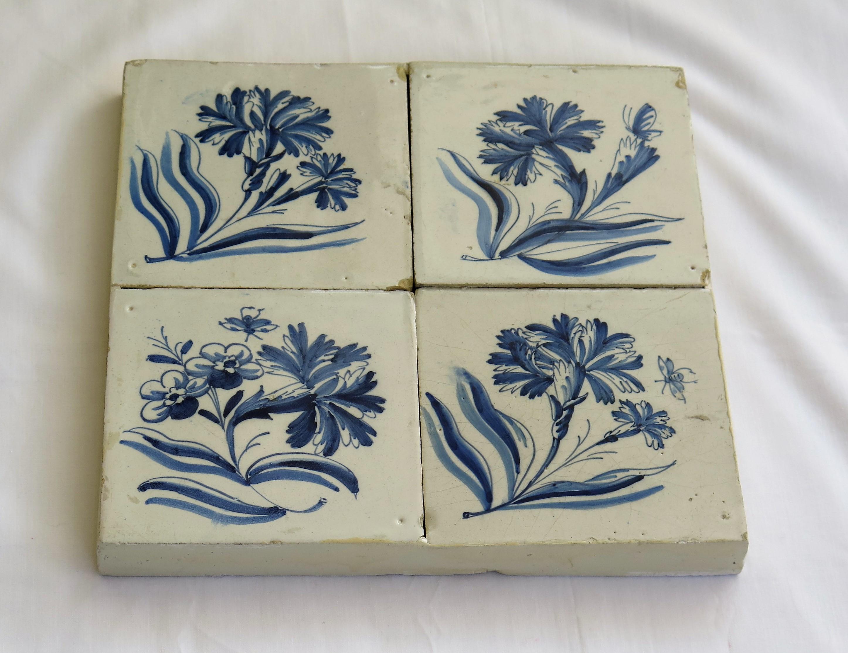 Four 17th Century Delft Blue and White Wall Tiles on Frame Set 2, Netherlands For Sale 3