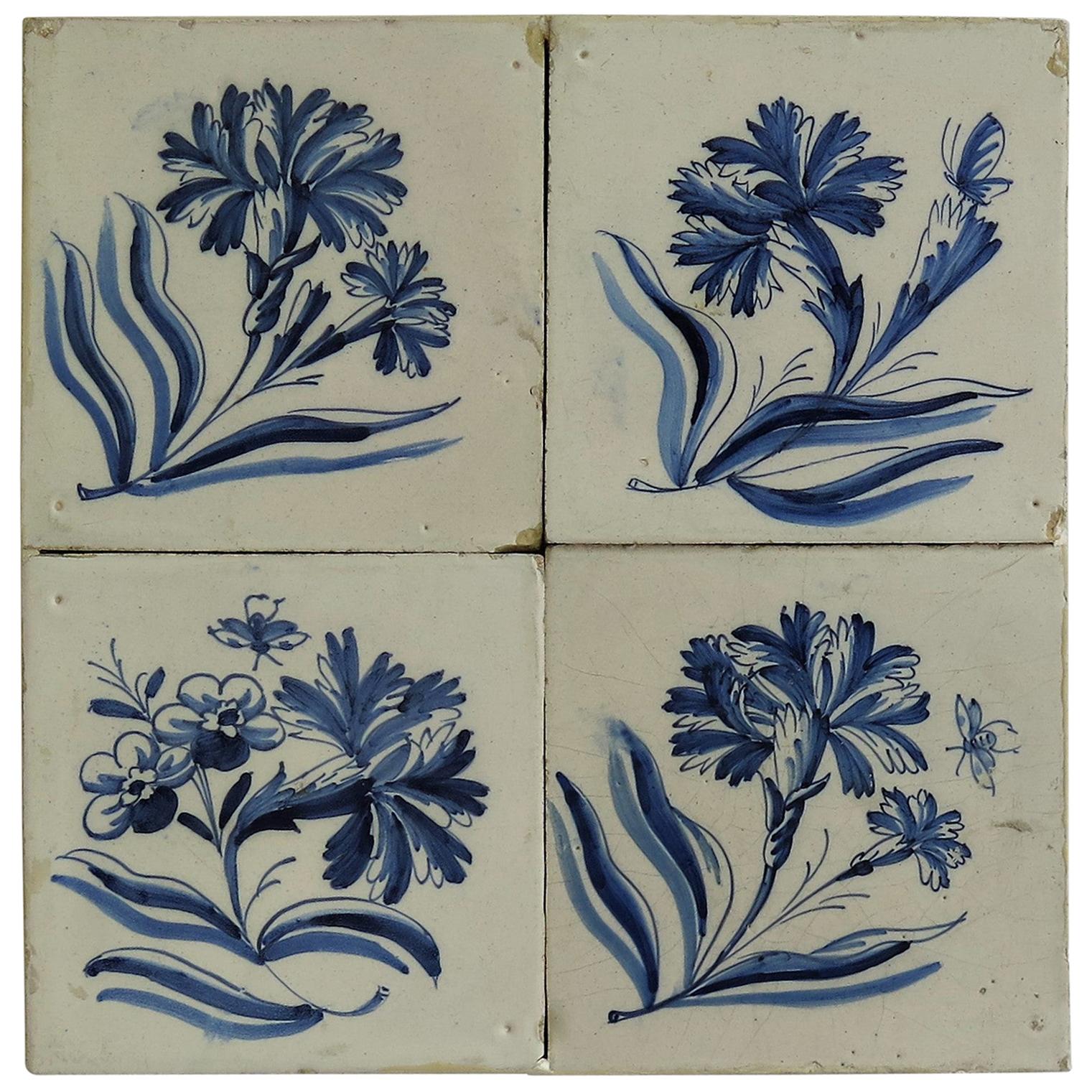 Ensemble de quatre carreaux muraux bleus et blancs de Delft du 17ème siècle sur cadre 2, Pays-Bas