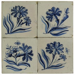 Antique Four 17th Century Delft Blue and White Wall Tiles on Frame Set 2, Netherlands