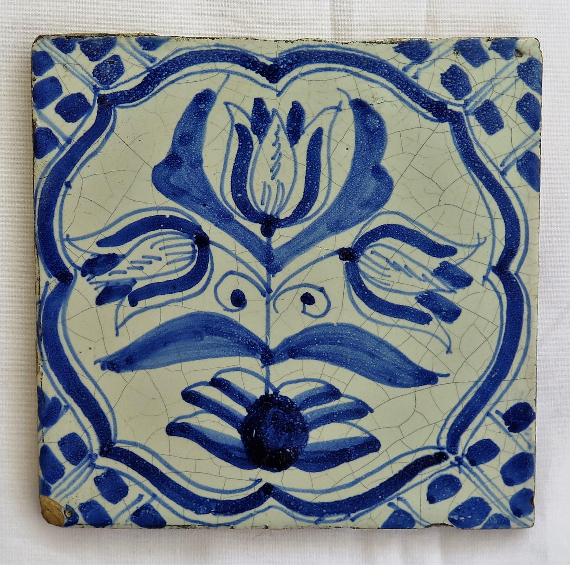 Four 17th Century Delft Ceramic Wall Tiles Blue and White Tulip Pattern, Dutch 1