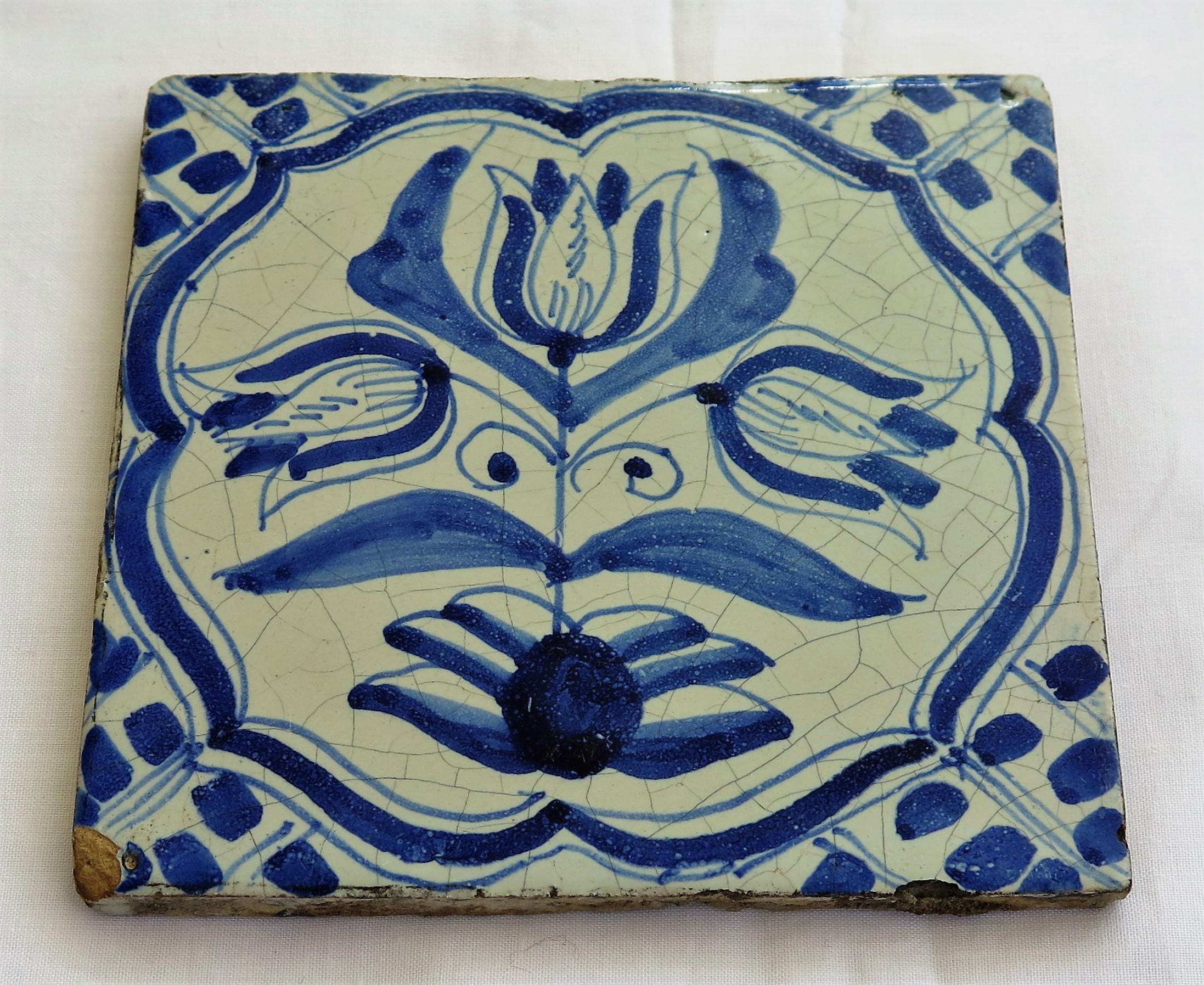 Four 17th Century Delft Ceramic Wall Tiles Blue and White Tulip Pattern, Dutch 2