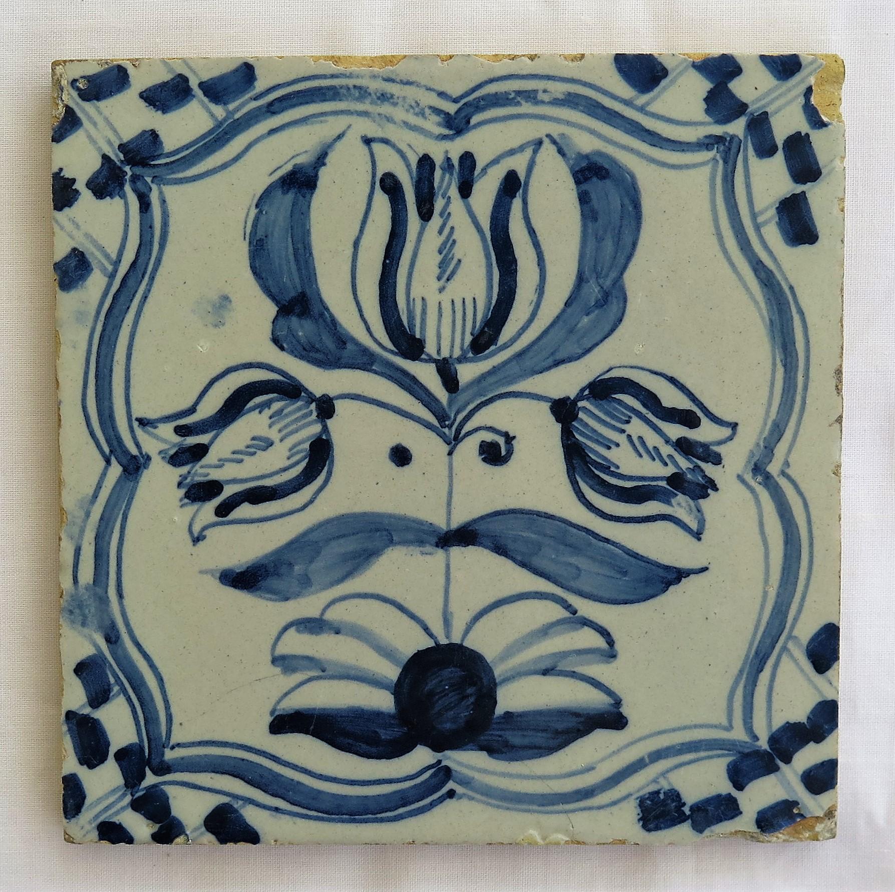 Four 17th Century Delft Ceramic Wall Tiles Blue and White Tulip Pattern, Dutch 4