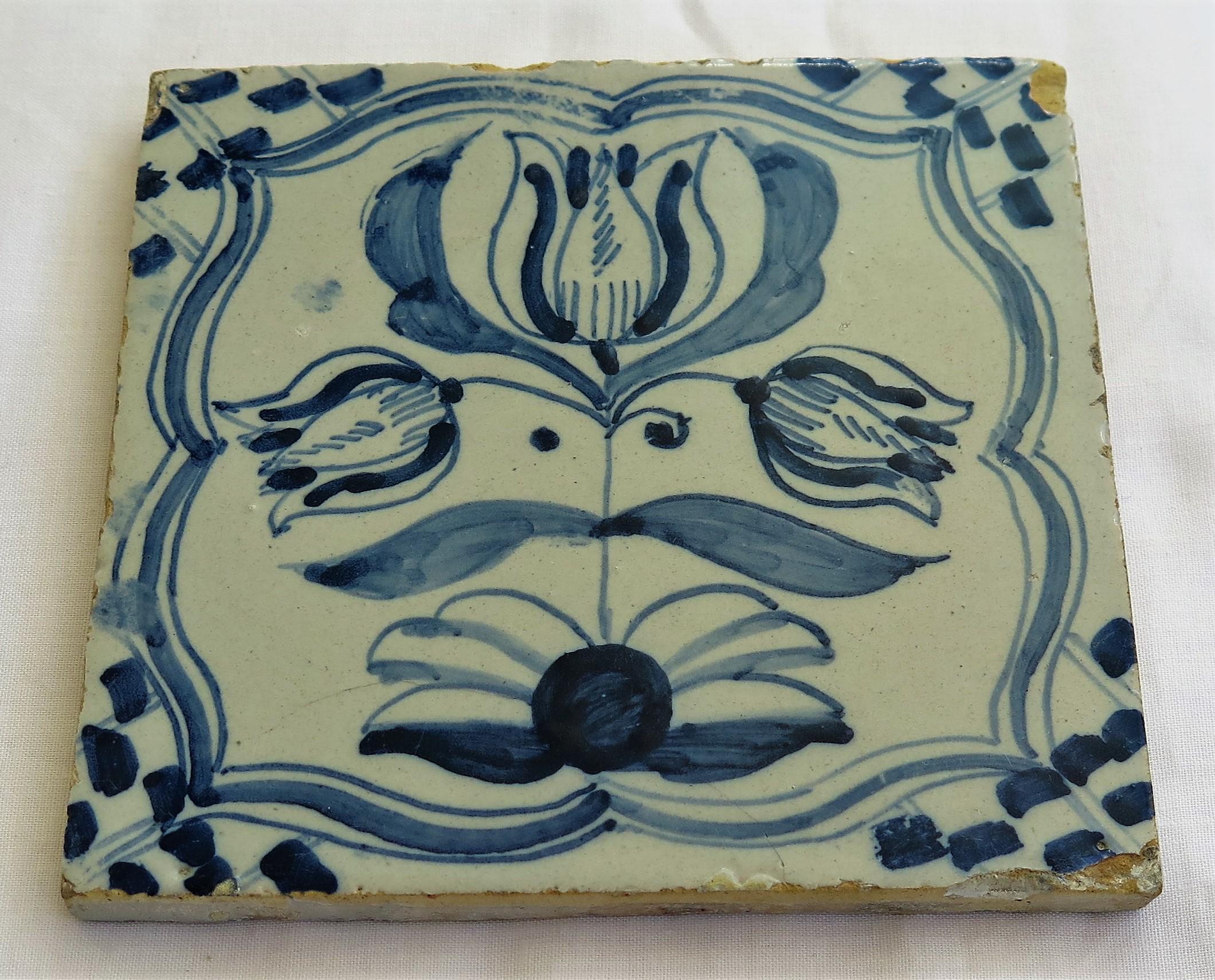 Four 17th Century Delft Ceramic Wall Tiles Blue and White Tulip Pattern, Dutch 5