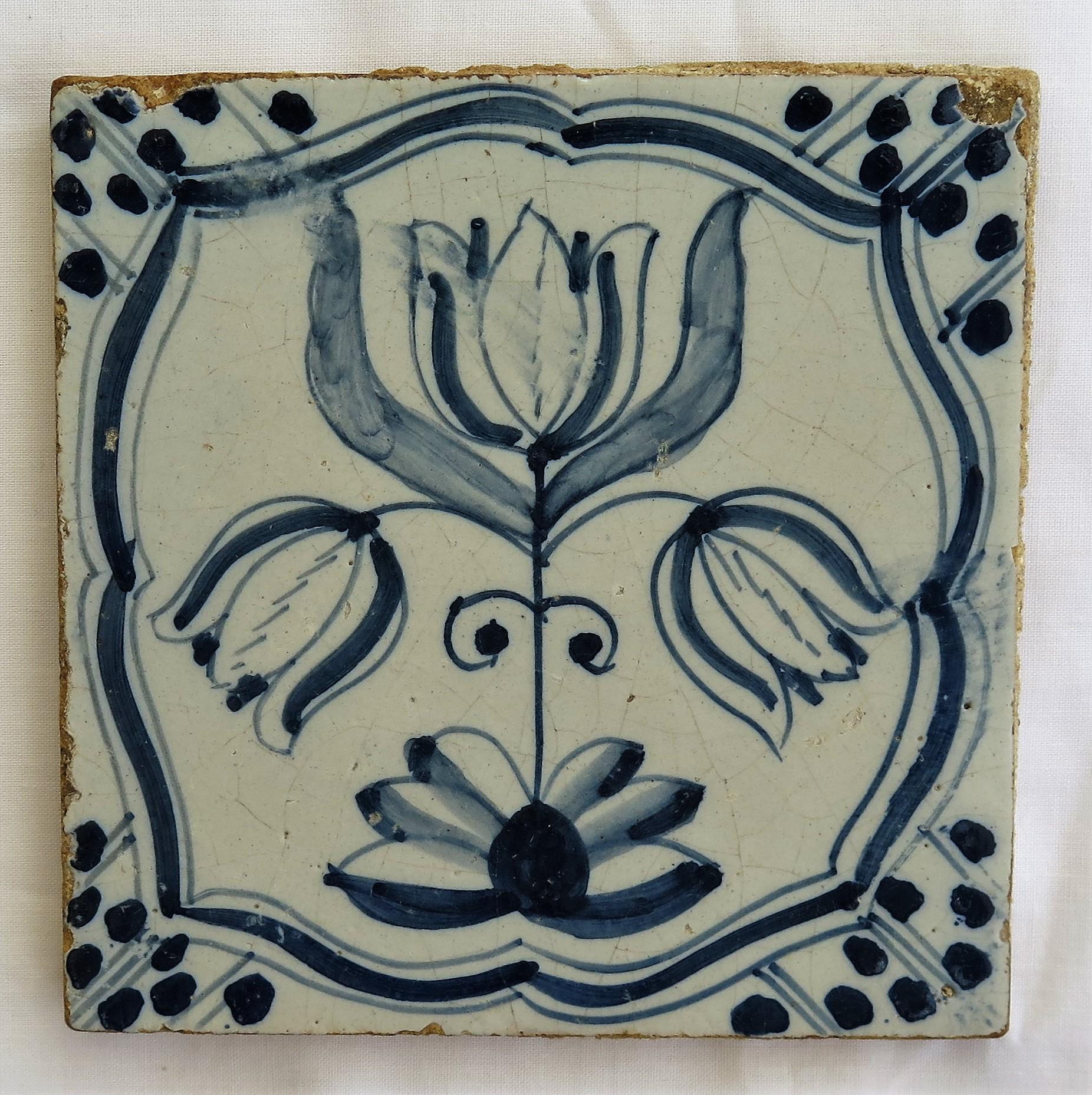 Four 17th Century Delft Ceramic Wall Tiles Blue and White Tulip Pattern, Dutch 7