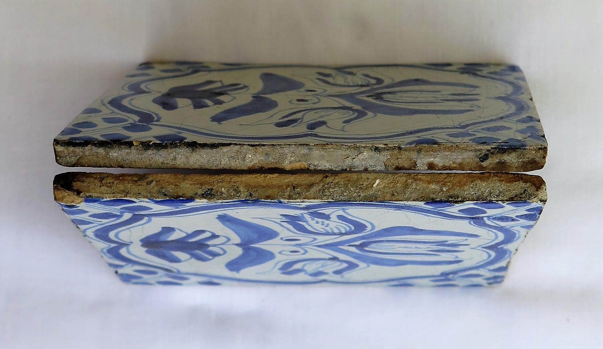 Four 17th Century Delft Ceramic Wall Tiles Blue and White Tulip Pattern, Dutch 11