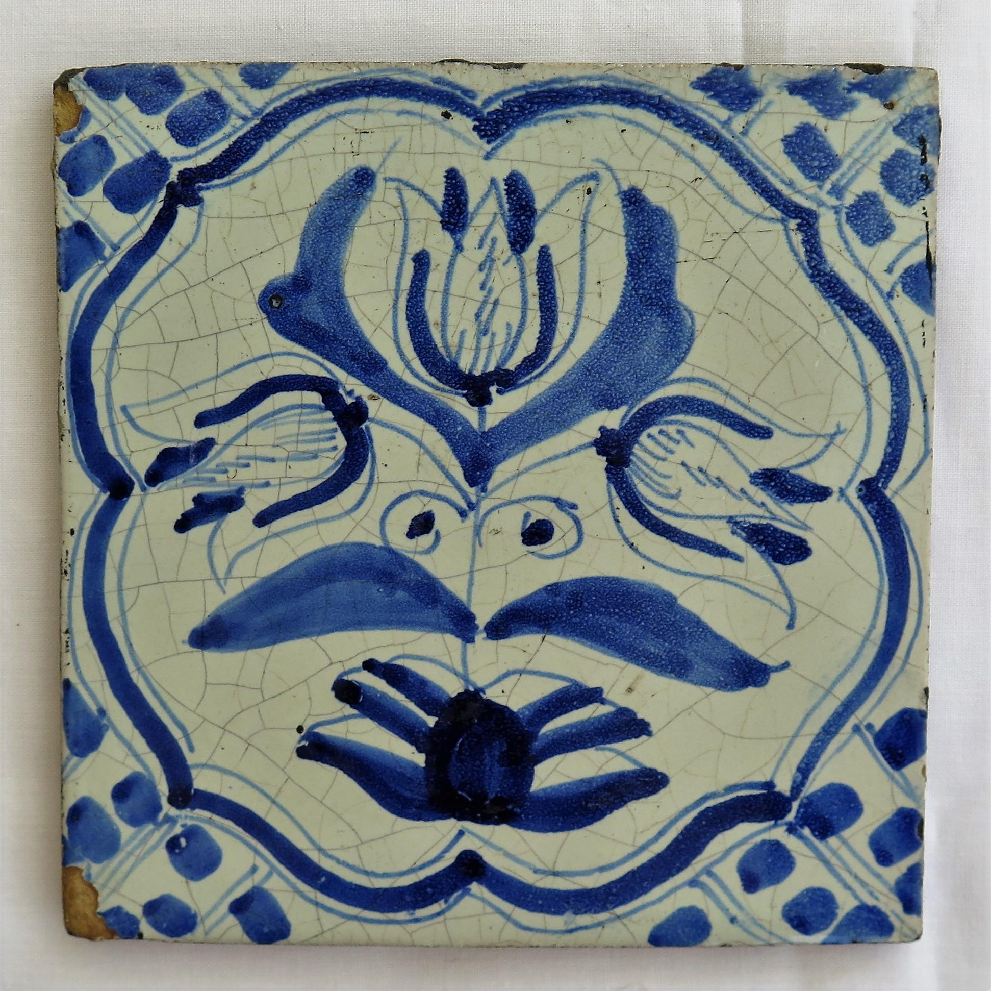 Hand-Painted Four 17th Century Delft Ceramic Wall Tiles Blue and White Tulip Pattern, Dutch