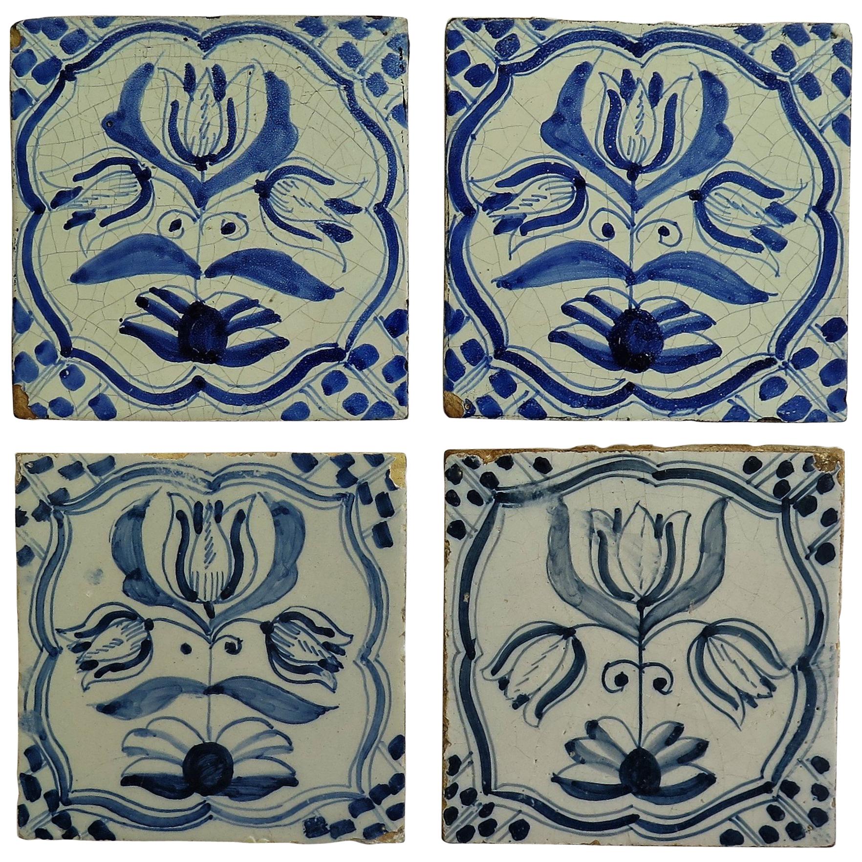 Four 17th Century Delft Ceramic Wall Tiles Blue and White Tulip Pattern, Dutch