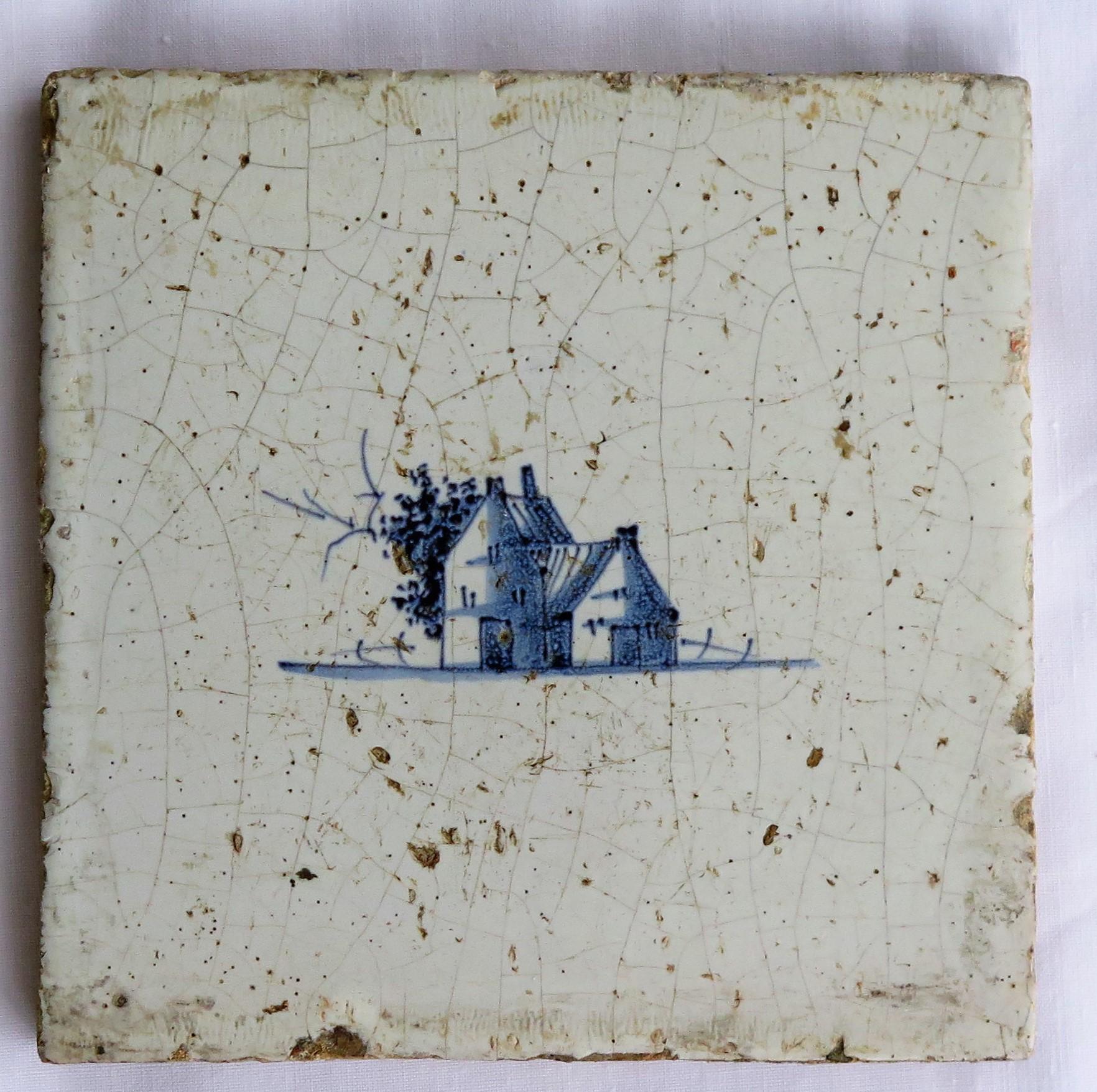 Four 17th Century Dutch Delft Ceramic Wall Tiles Blue and White Hand Painted 4