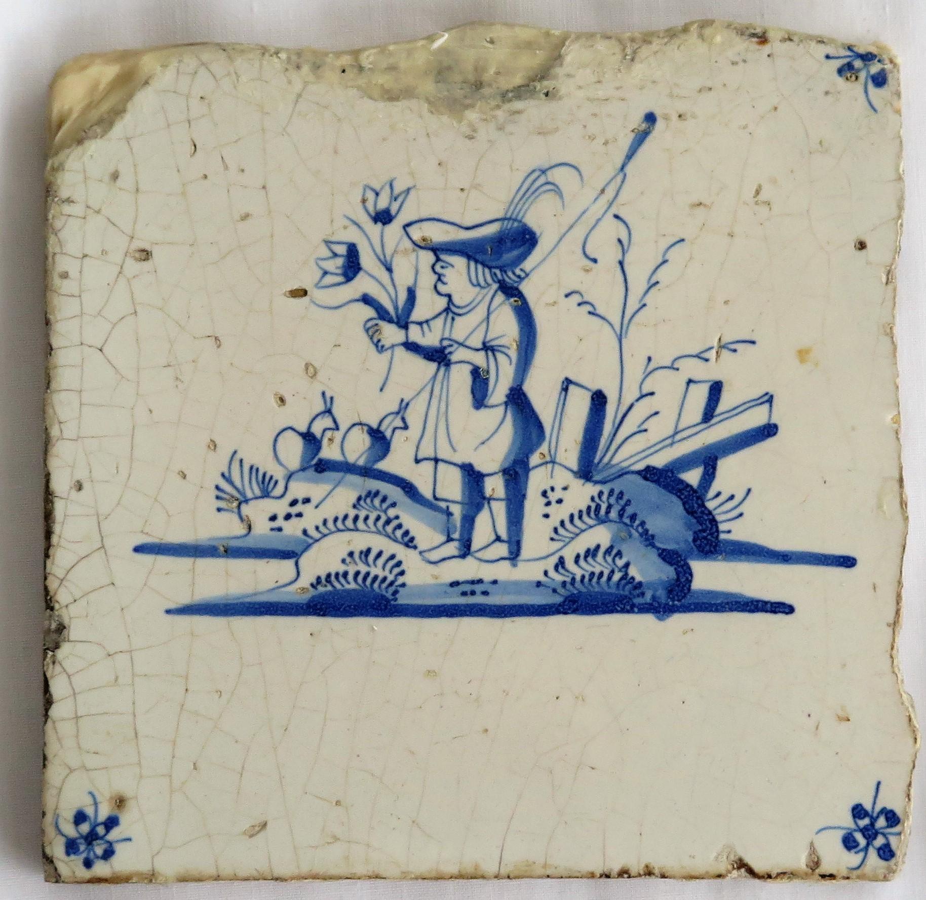 Four 17th Century Dutch Delft Ceramic Wall Tiles Blue and White Hand Painted 6