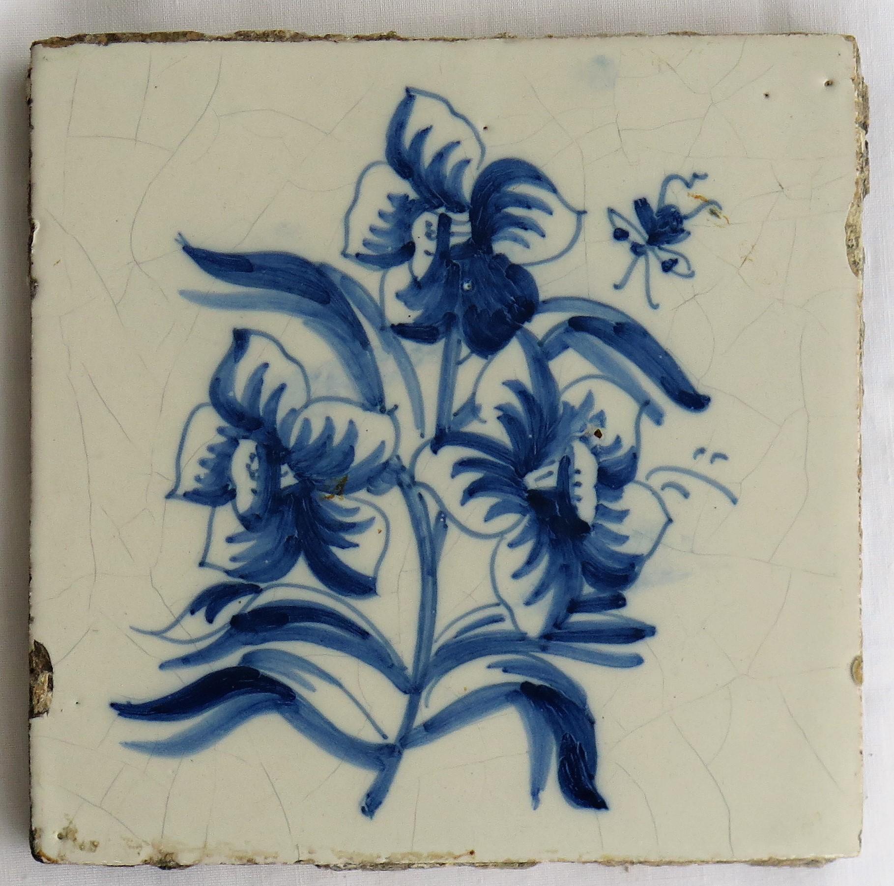 Four 17th Century Dutch Delft Ceramic Wall Tiles Blue and White Hand Painted 8