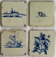Four 17th Century Dutch Delft Ceramic Wall Tiles Blue and White Hand Painted