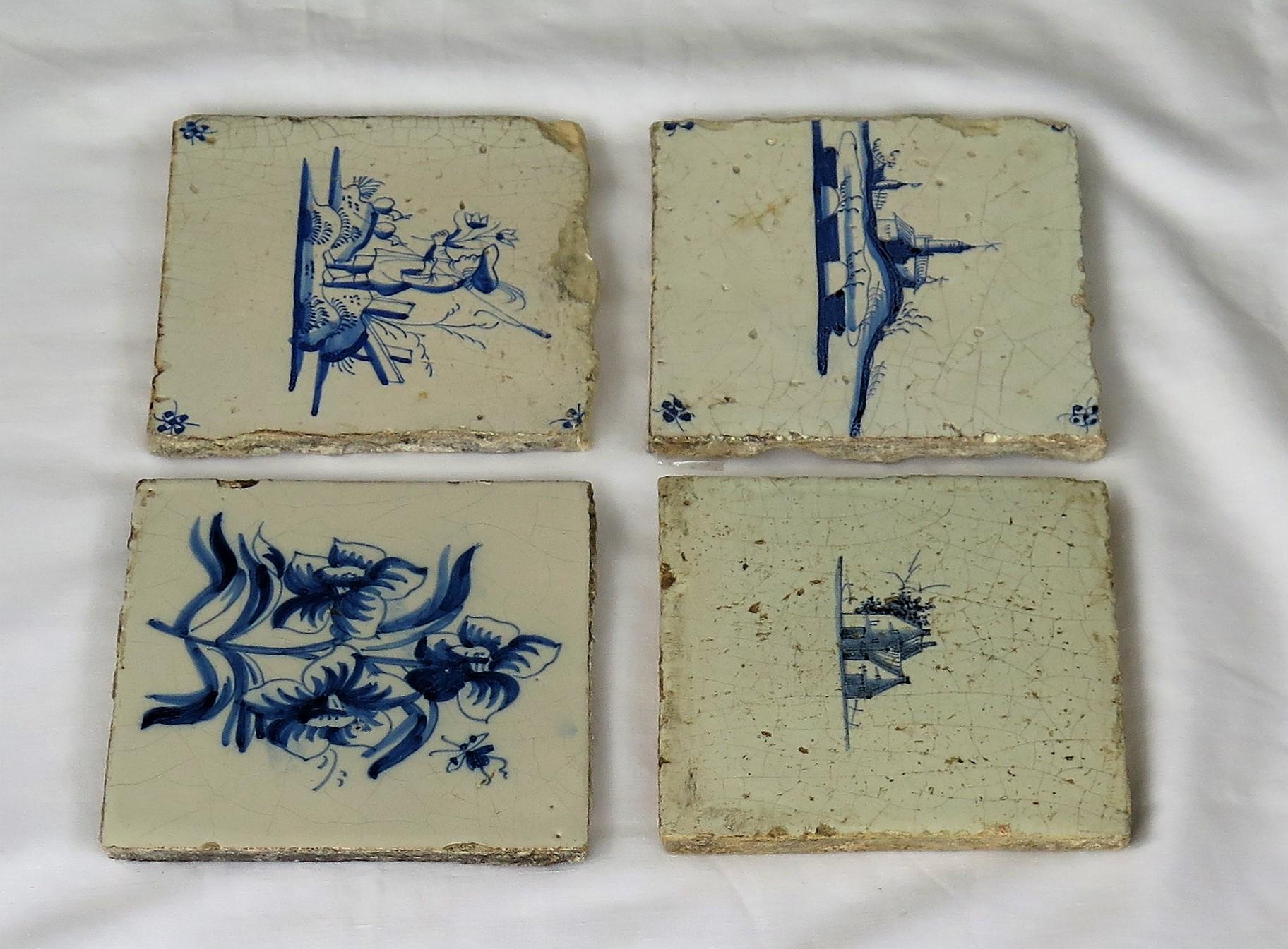 Dutch Colonial Four 17th Century Dutch Delft Ceramic Wall Tiles Blue and White Hand Painted