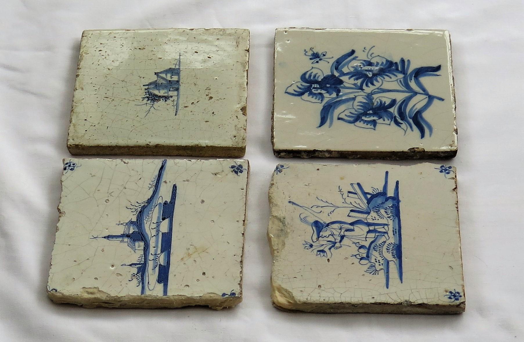 Hand-Painted Four 17th Century Dutch Delft Ceramic Wall Tiles Blue and White Hand Painted