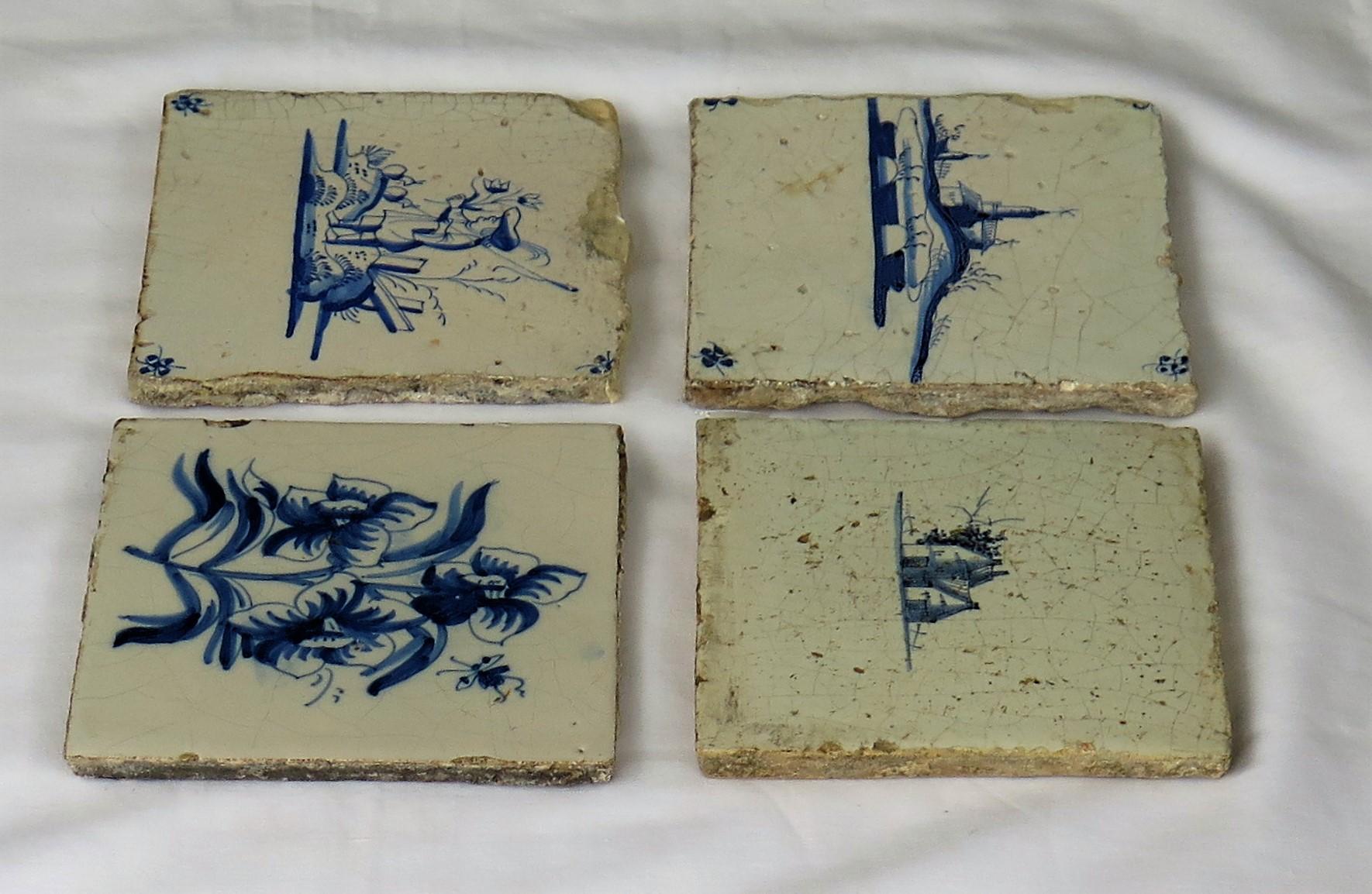 Four 17th Century Dutch Delft Ceramic Wall Tiles Blue and White Hand Painted In Fair Condition In Lincoln, Lincolnshire
