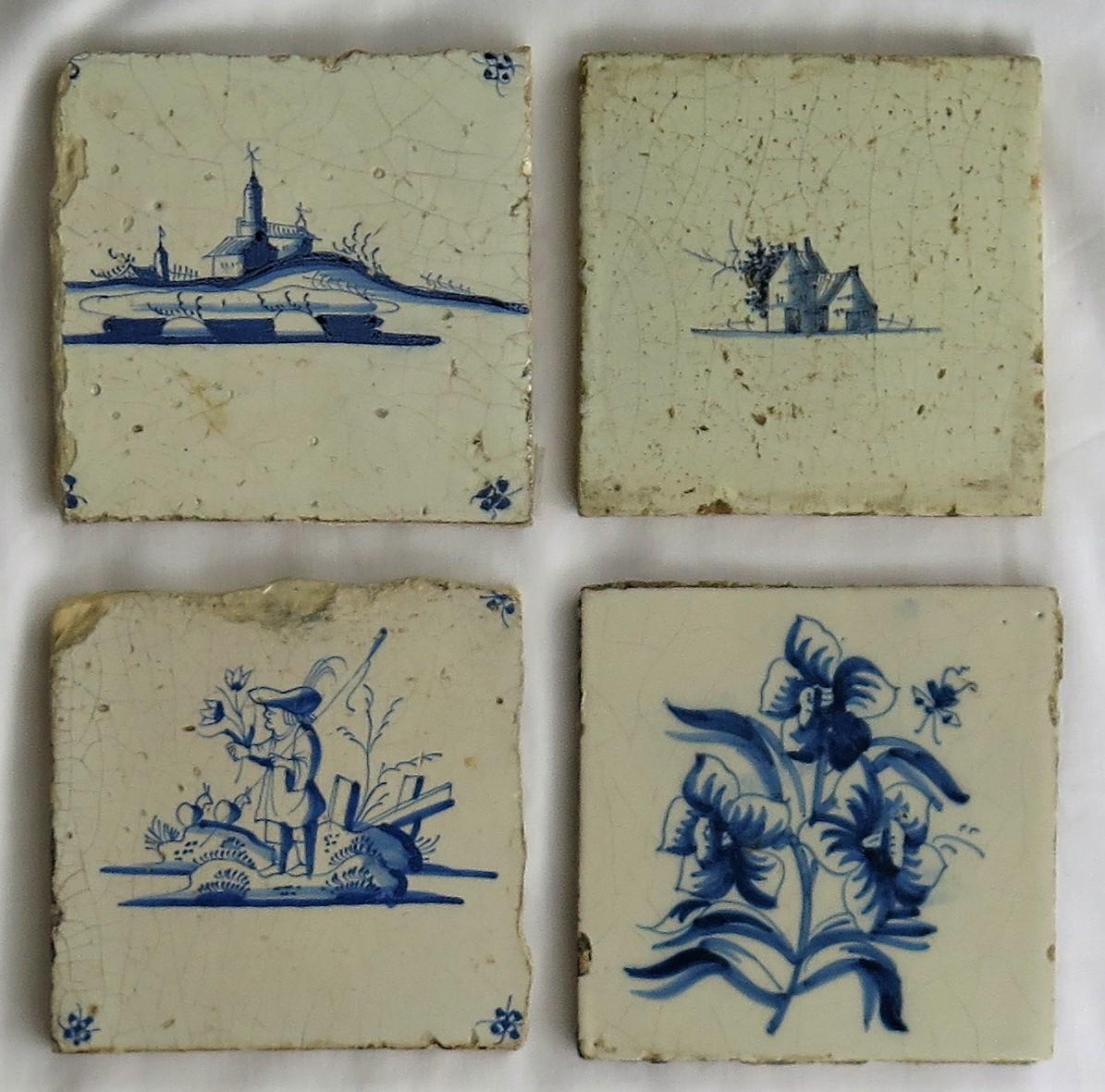 18th Century and Earlier Four 17th Century Dutch Delft Ceramic Wall Tiles Blue and White Hand Painted