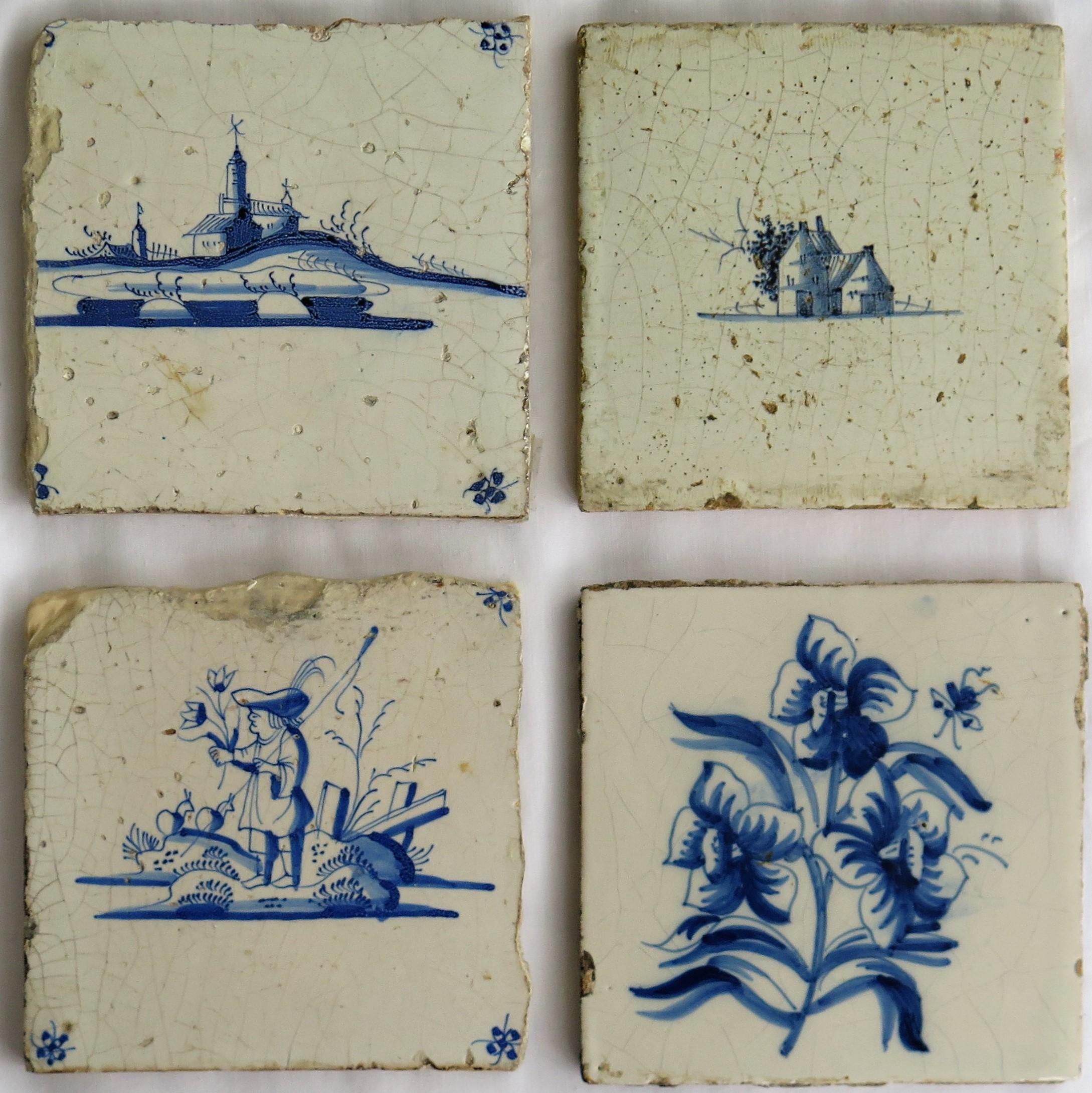 Four 17th Century Dutch Delft Ceramic Wall Tiles Blue and White Hand Painted 1