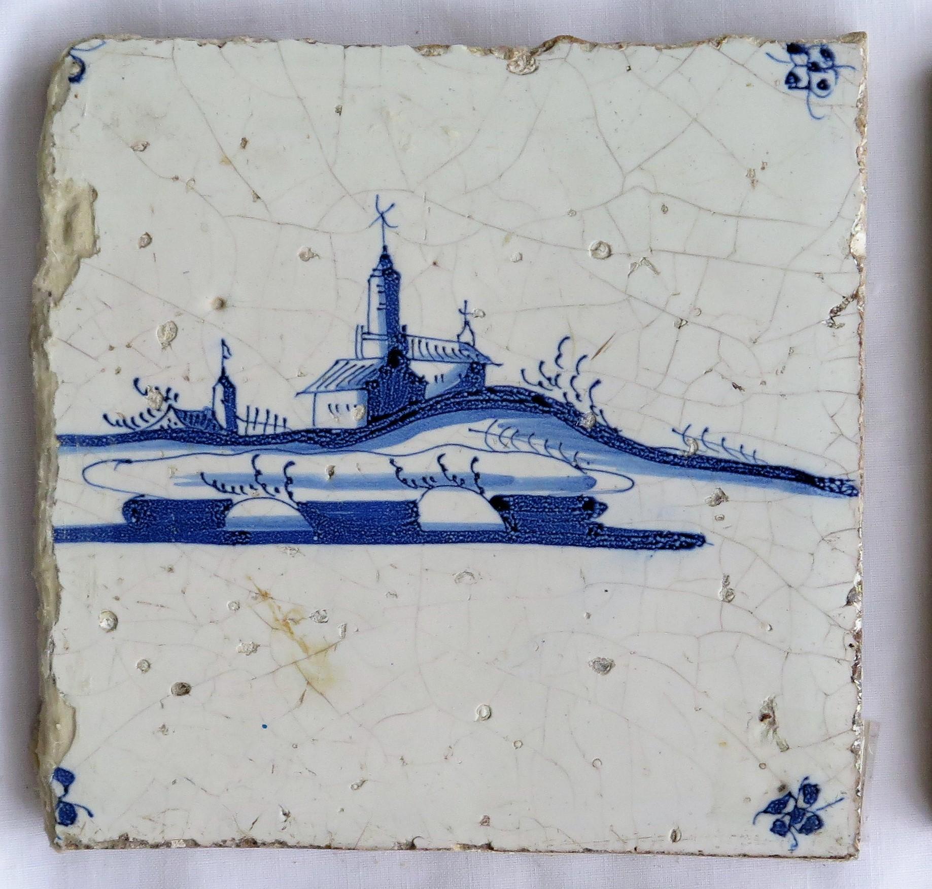 Four 17th Century Dutch Delft Ceramic Wall Tiles Blue and White Hand Painted 2
