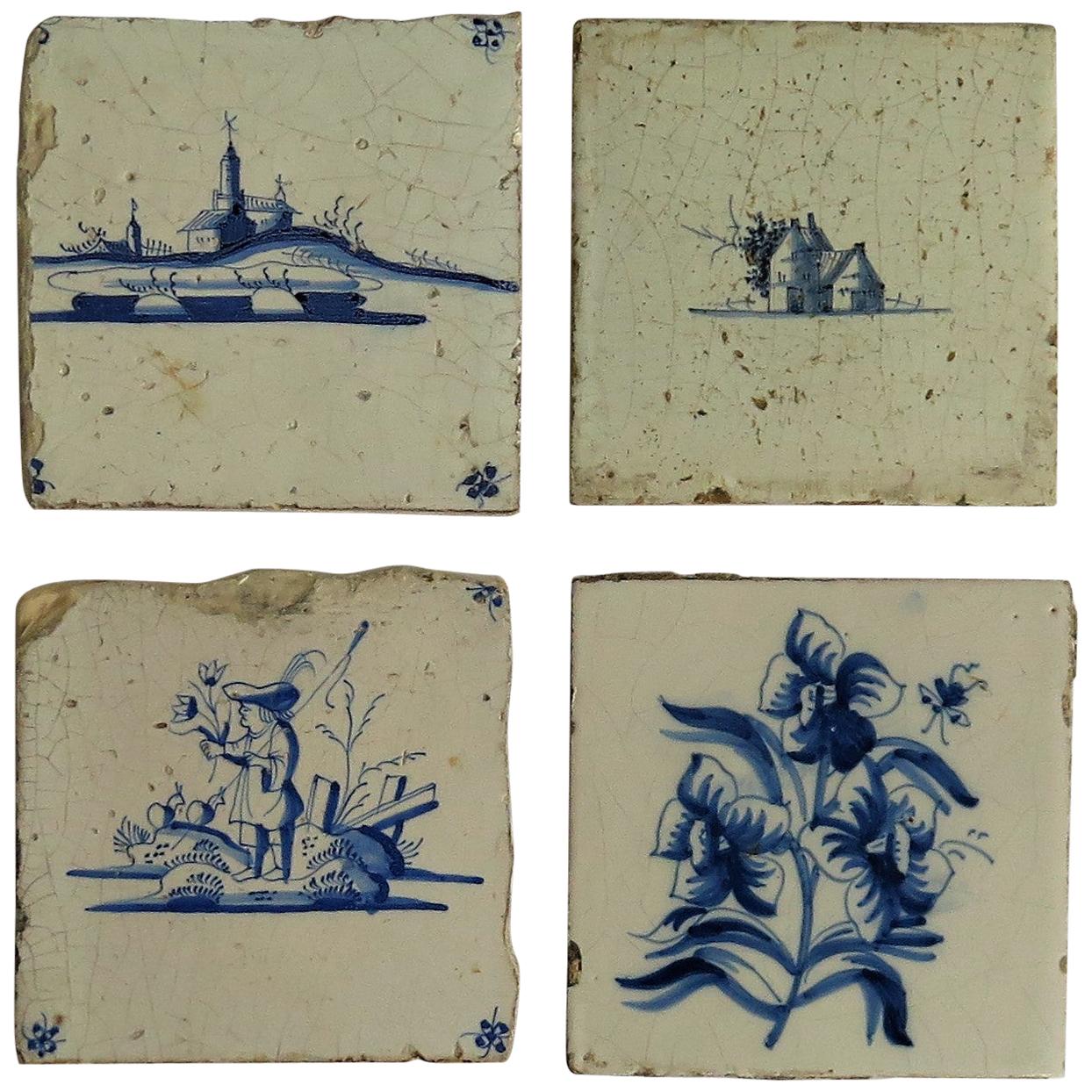 Four 17th Century Dutch Delft Ceramic Wall Tiles Blue and White Hand Painted