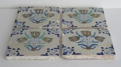 Four 17th Century Dutch Delft Ceramic Wall Tiles Polychrome Tulips, Circa 1640
