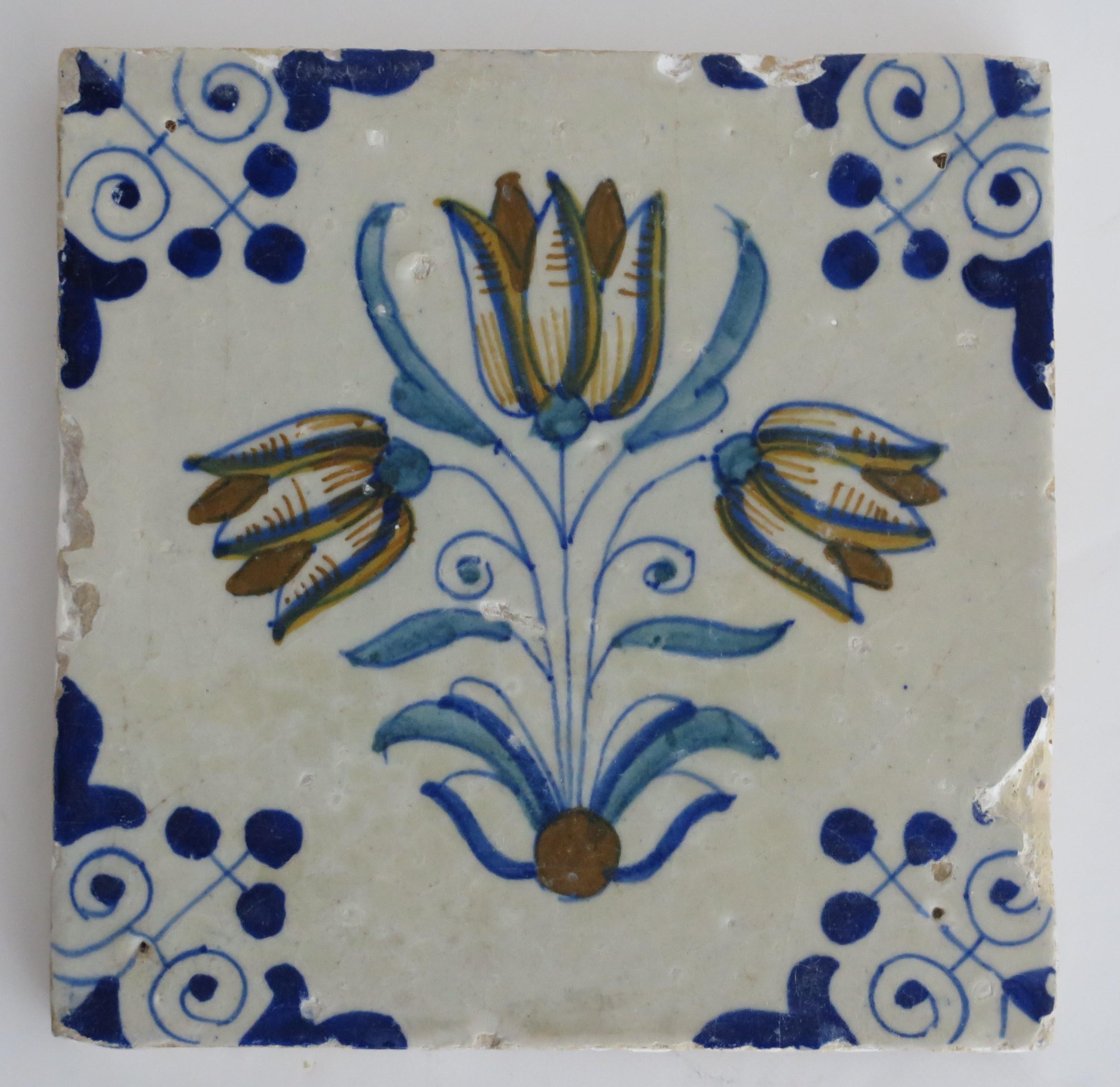 Four 17th Century Dutch Delft Ceramic Wall Tiles Polychrome Tulips, Circa 1640 1
