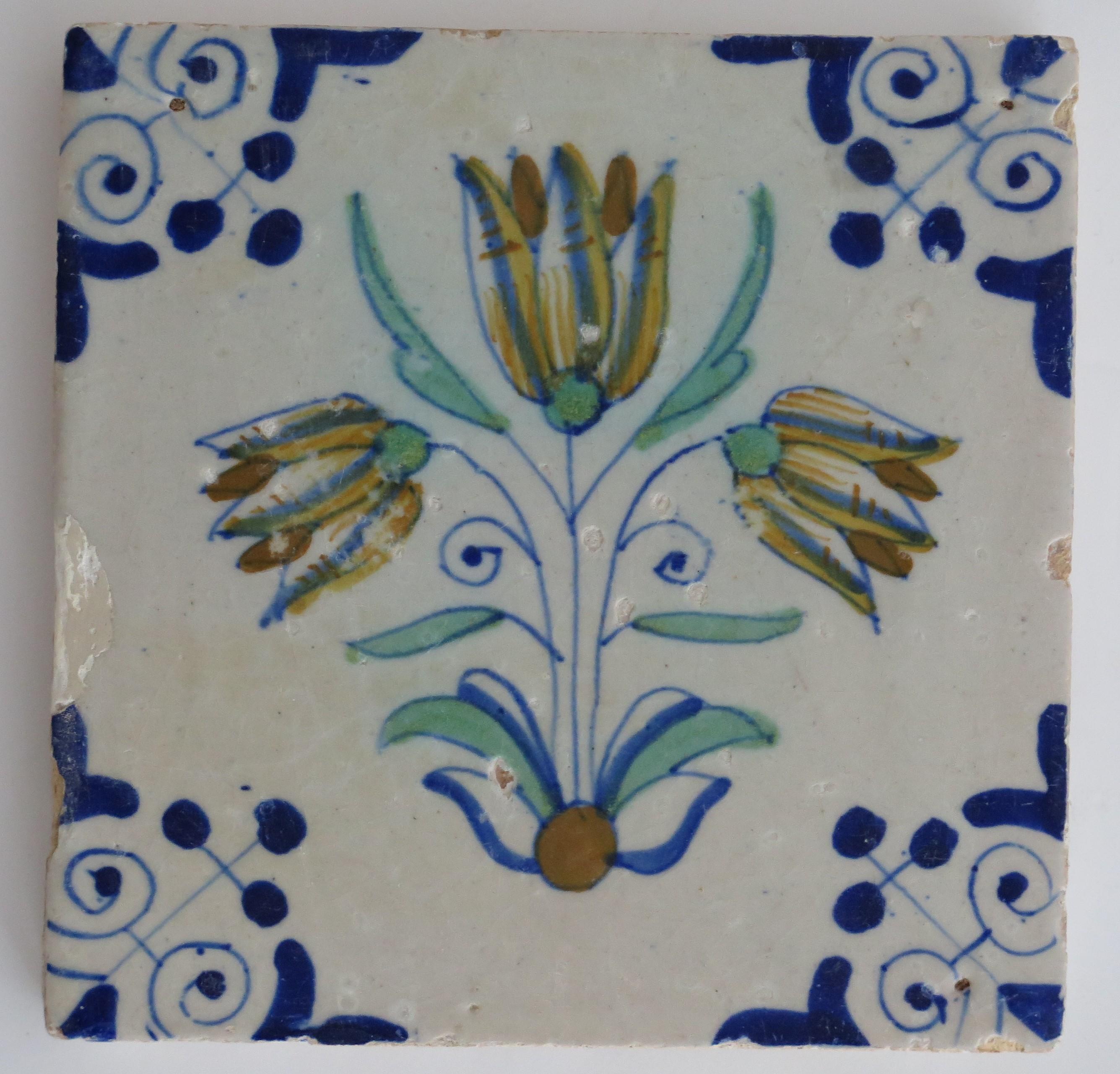 Four 17th Century Dutch Delft Ceramic Wall Tiles Polychrome Tulips, Circa 1640 3