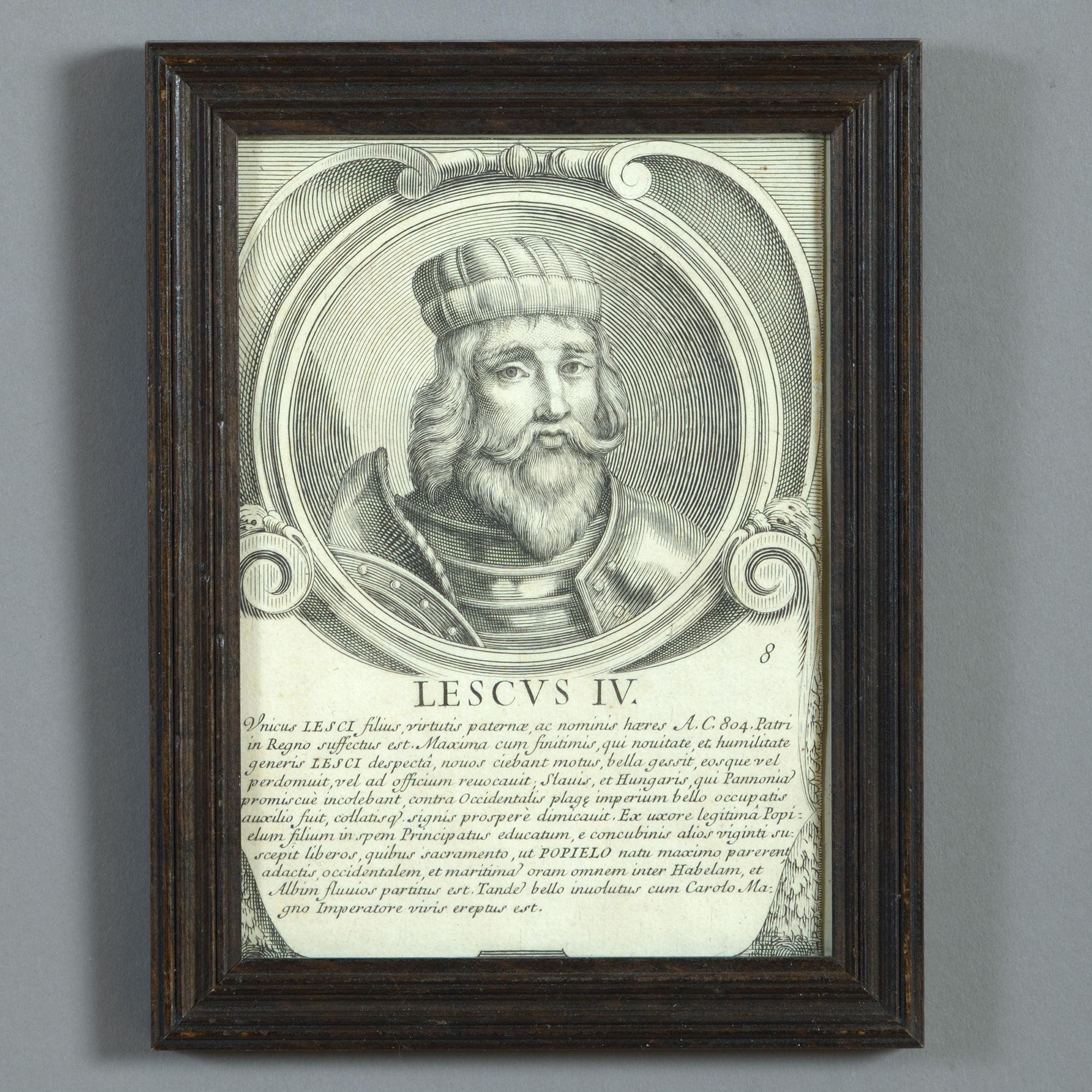 A rare group of four engravings, each depicting kings from the time of Poland's monarchy. Set in ebonised reeded frames. 

Poland has been ruled at various times either by dukes (10th–14th centuries) or by kings (11th-18th century). Throughout the