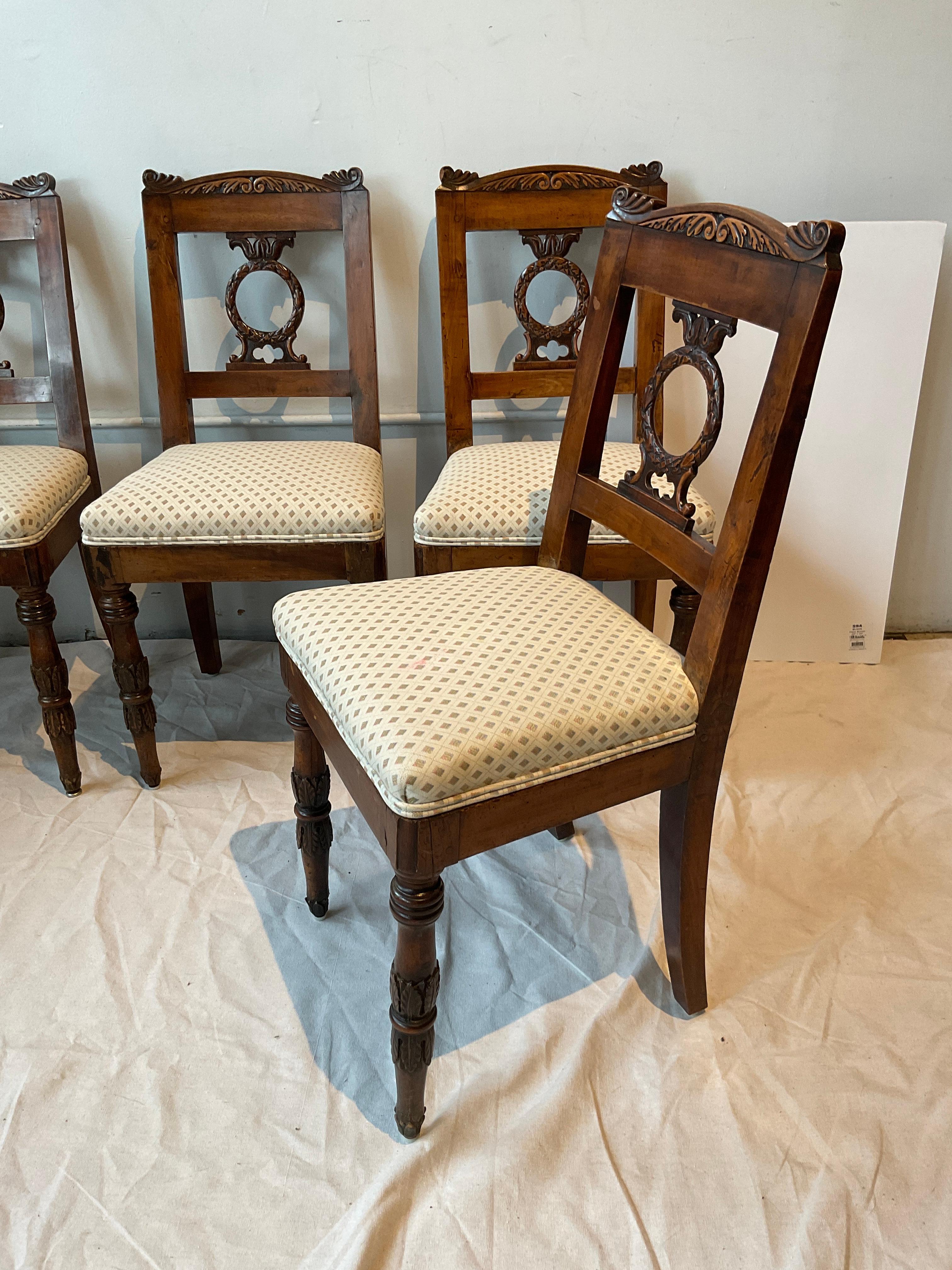 4 Hand carved French classical side chairs. Love the way they used pegs on these chairs.
Stain on one cushion. I did not try to clean it. Chairs need reupholstering.