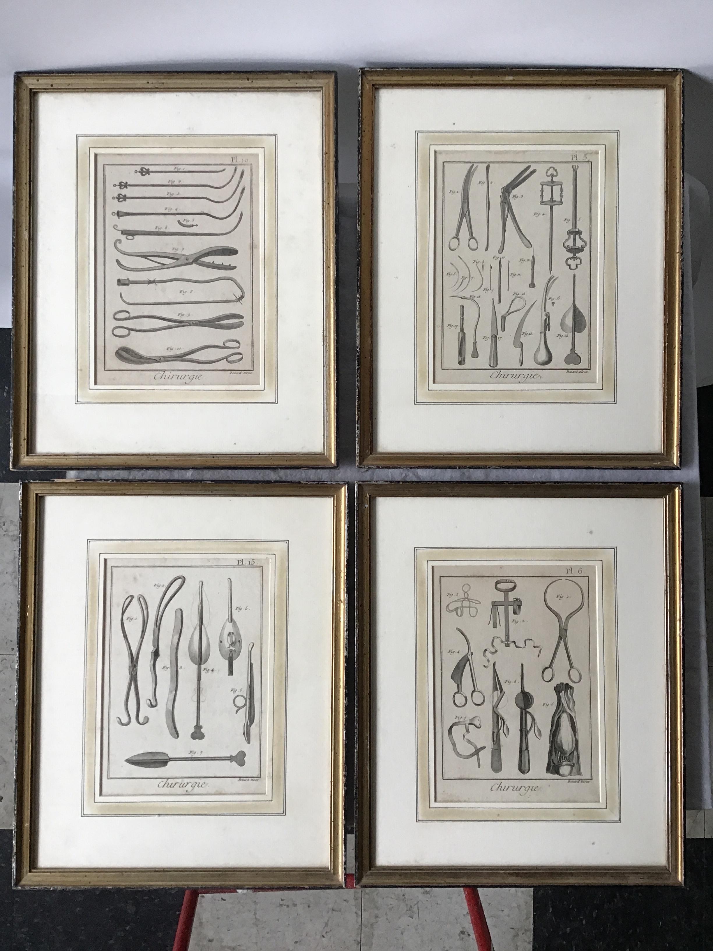 Four 1880s French surgical instrument prints.