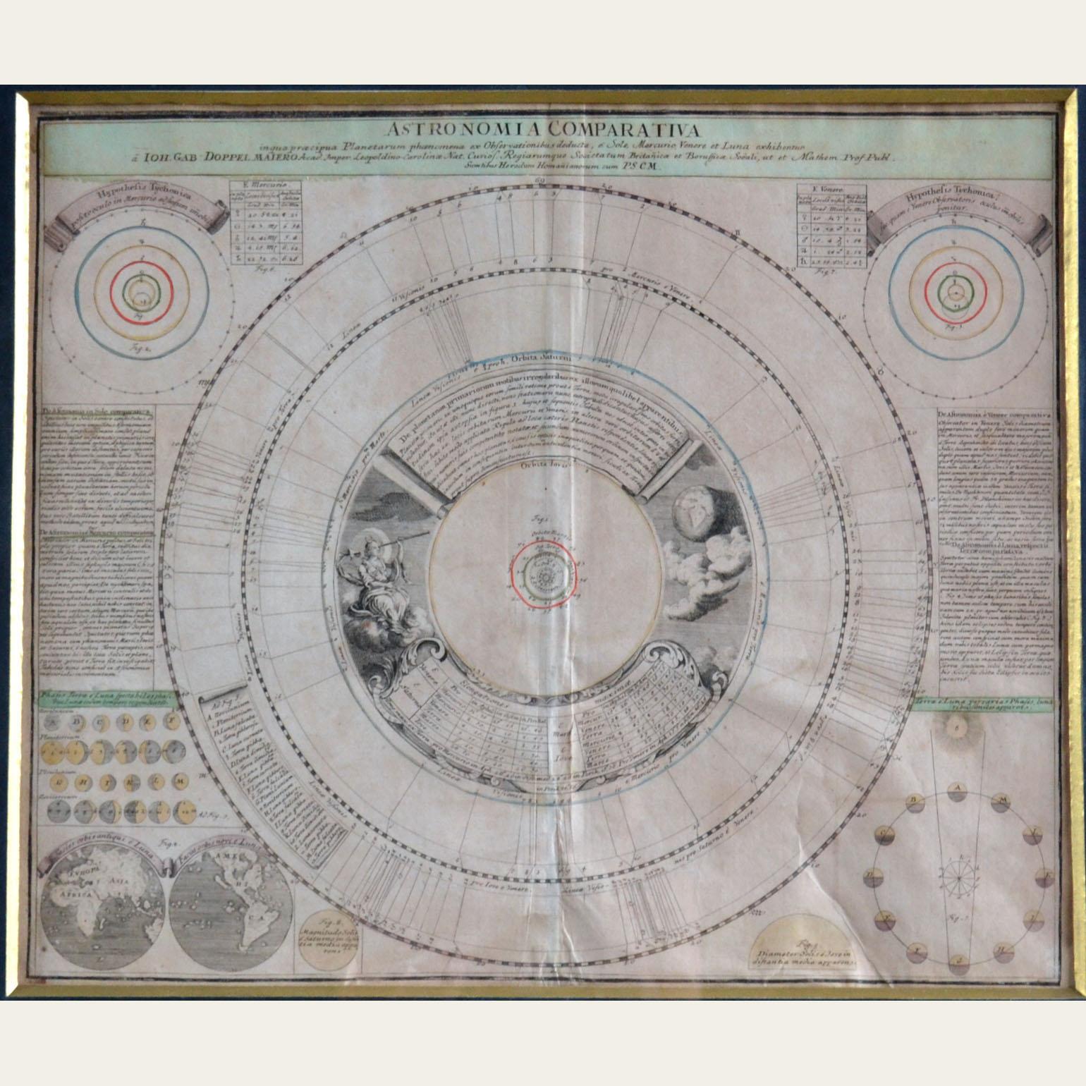 German Four 18th Century Celestial Charts Engravings in Brass Frames by Doppelmayr For Sale