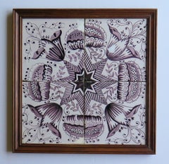 Four 18th Century Framed Ceramic Delft Tiles Frisian Rose Manganese, circa 1760