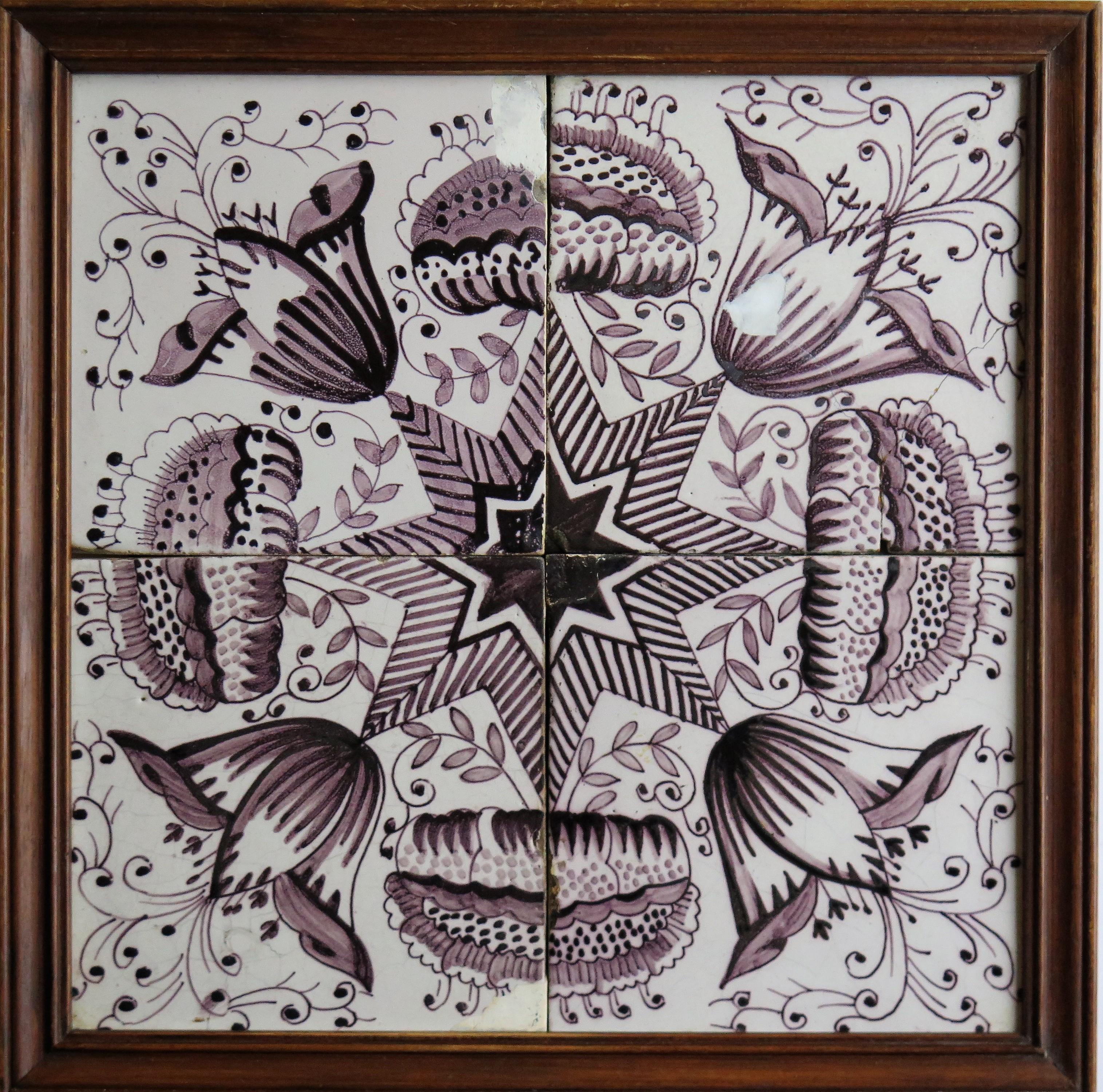 Glazed Four 18th Century Framed Ceramic Delft Tiles Frisian Rose Manganese, circa 1760 For Sale