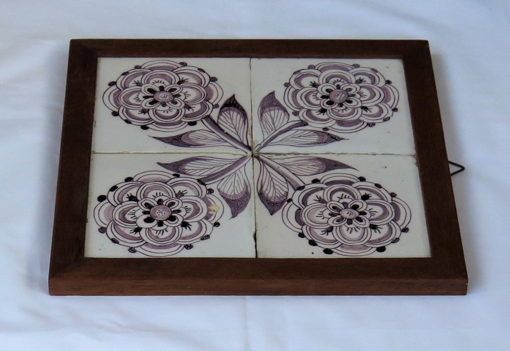 Four 18th Century framed Ceramic Tiles Delft Frisian Rose Manganese, circa 1760 For Sale 2