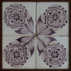 Four 18th Century framed Ceramic Tiles Delft Frisian Rose Manganese, circa 1760