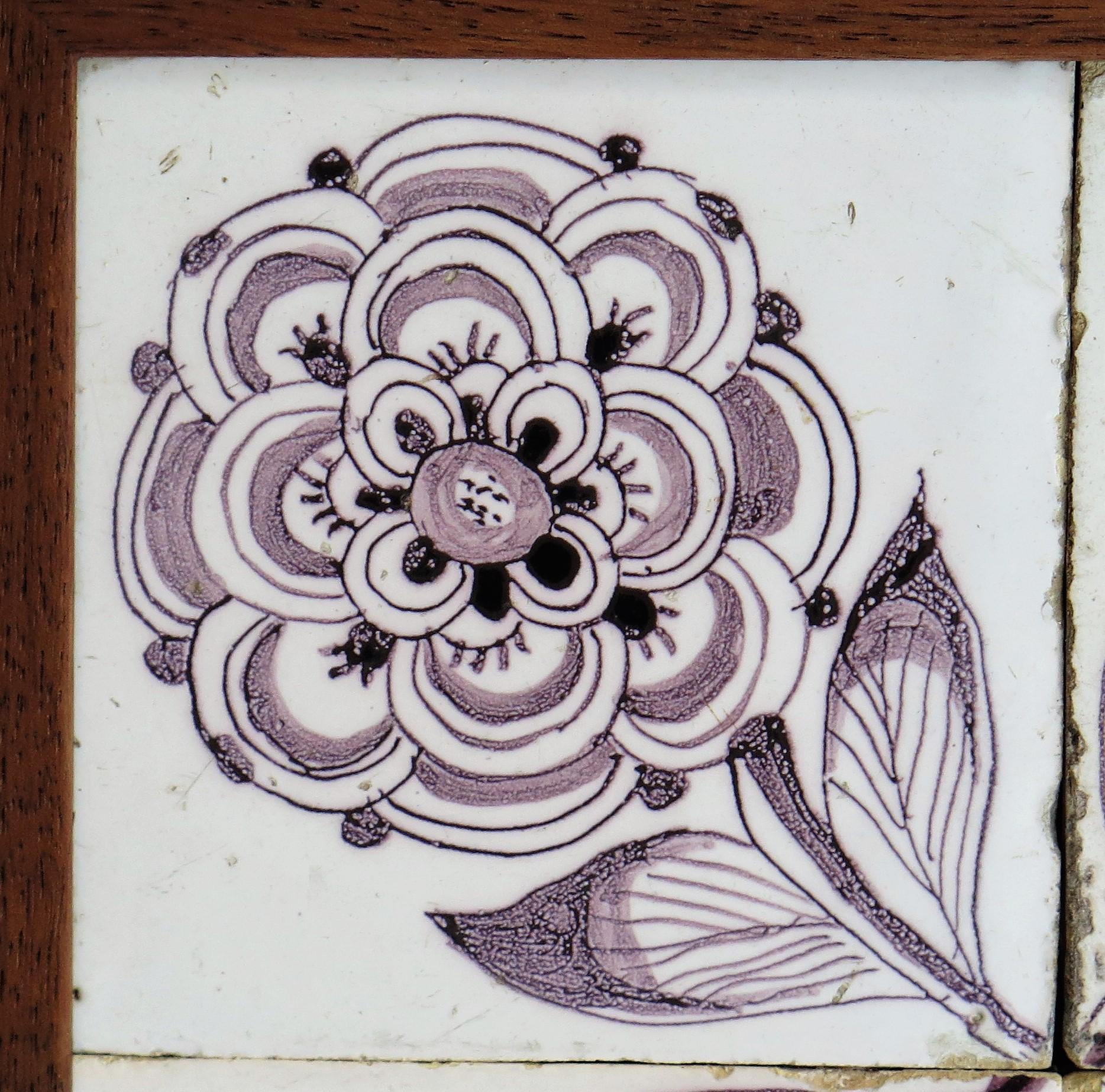 Dutch Four 18th Century framed Ceramic Tiles Delft Frisian Rose Manganese, circa 1760 For Sale