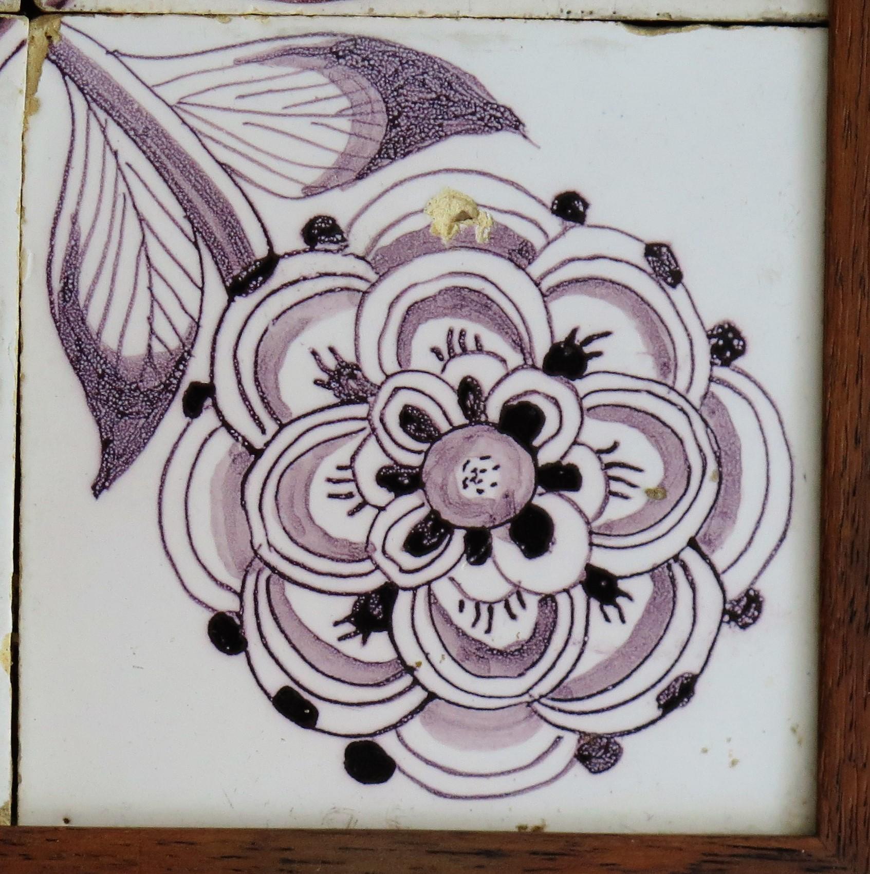18th Century and Earlier Four 18th Century framed Ceramic Tiles Delft Frisian Rose Manganese, circa 1760 For Sale