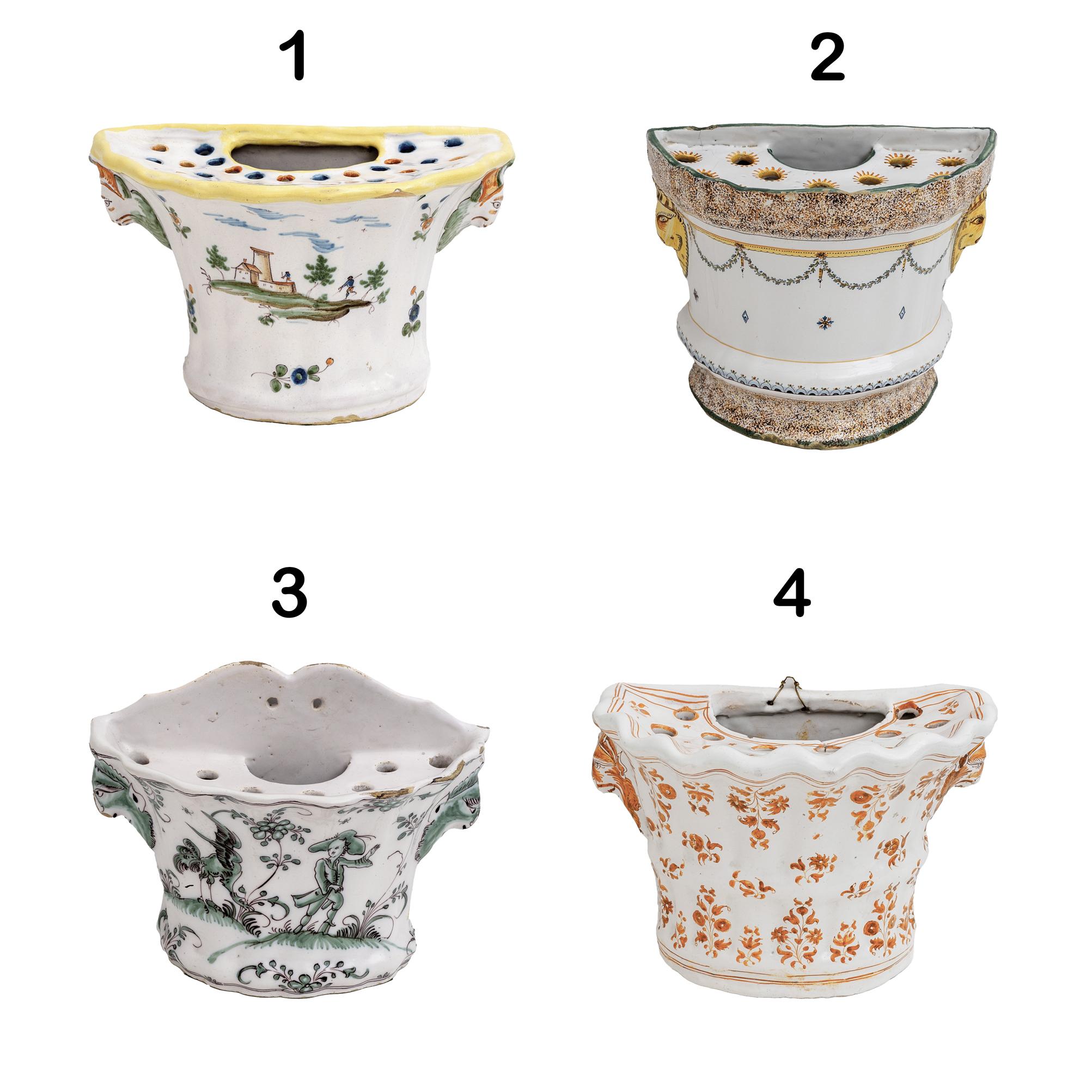Collection of four beautiful polychrome majolica planters. 18th century.
Entirely hand-painted, these planters were made in France, in the towns of Moustiers-Sainte-Marie and Allemagne-en-Provence.
Both known for having been one of the most famous