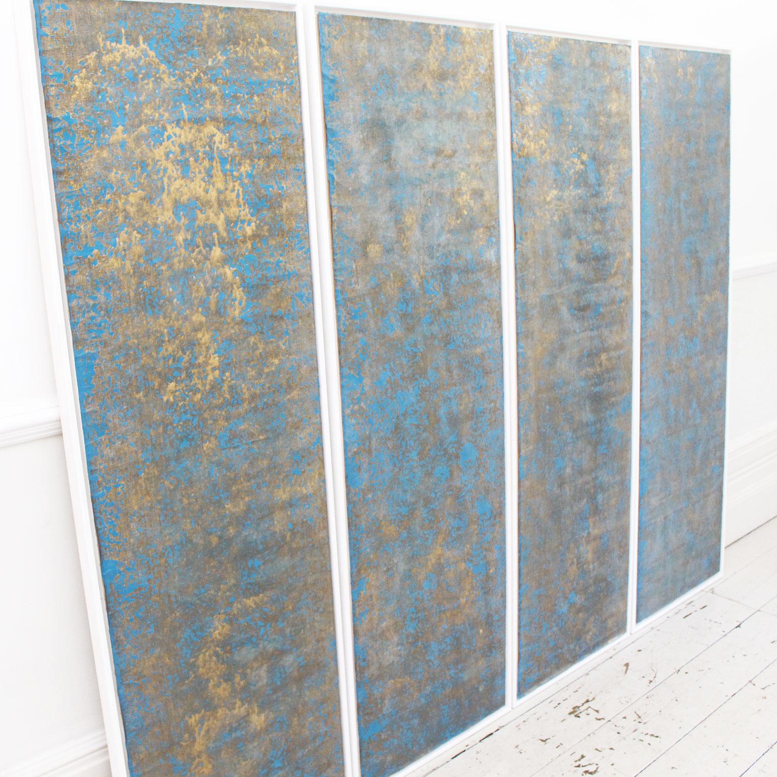 Whilst these look like modern art, these panels are unbelievably 18th century handcrafted fabric wall coverings. The fabric has been laminated in blue and then hand gilded in a muted gold. We have had them newly framed in a contemporary style. We