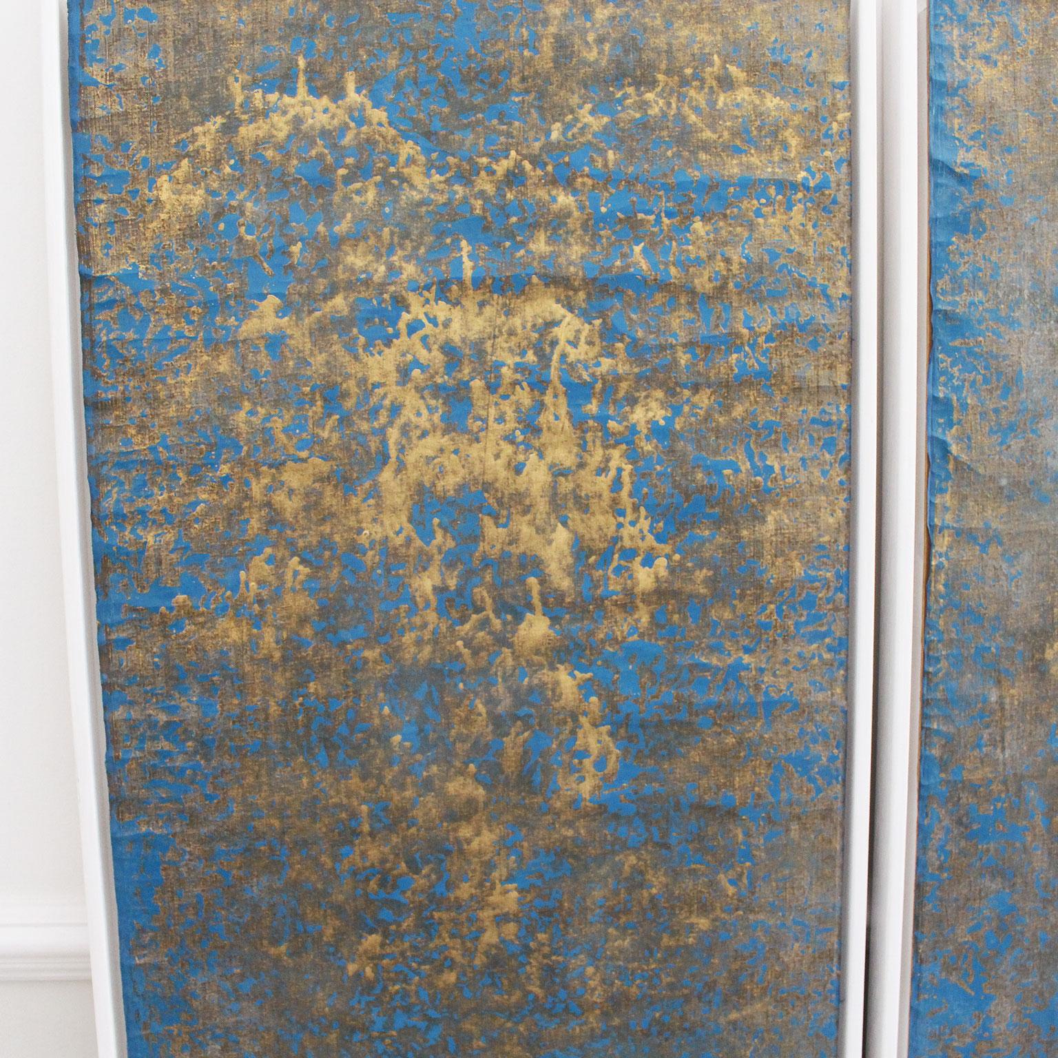 French Four 18th Century Hand Gilded and Blue Laminated Wall Covering Panels