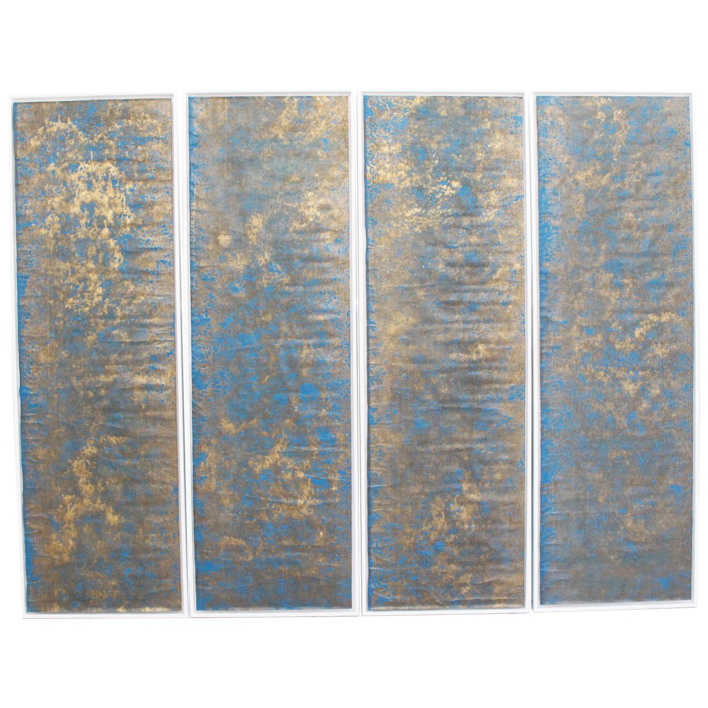 Four 18th Century Hand Gilded and Blue Laminated Wall Covering Panels