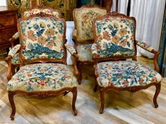 Four 18th Century Louis XV Carved Needlework & Tapestry Upholstered Fauteuils