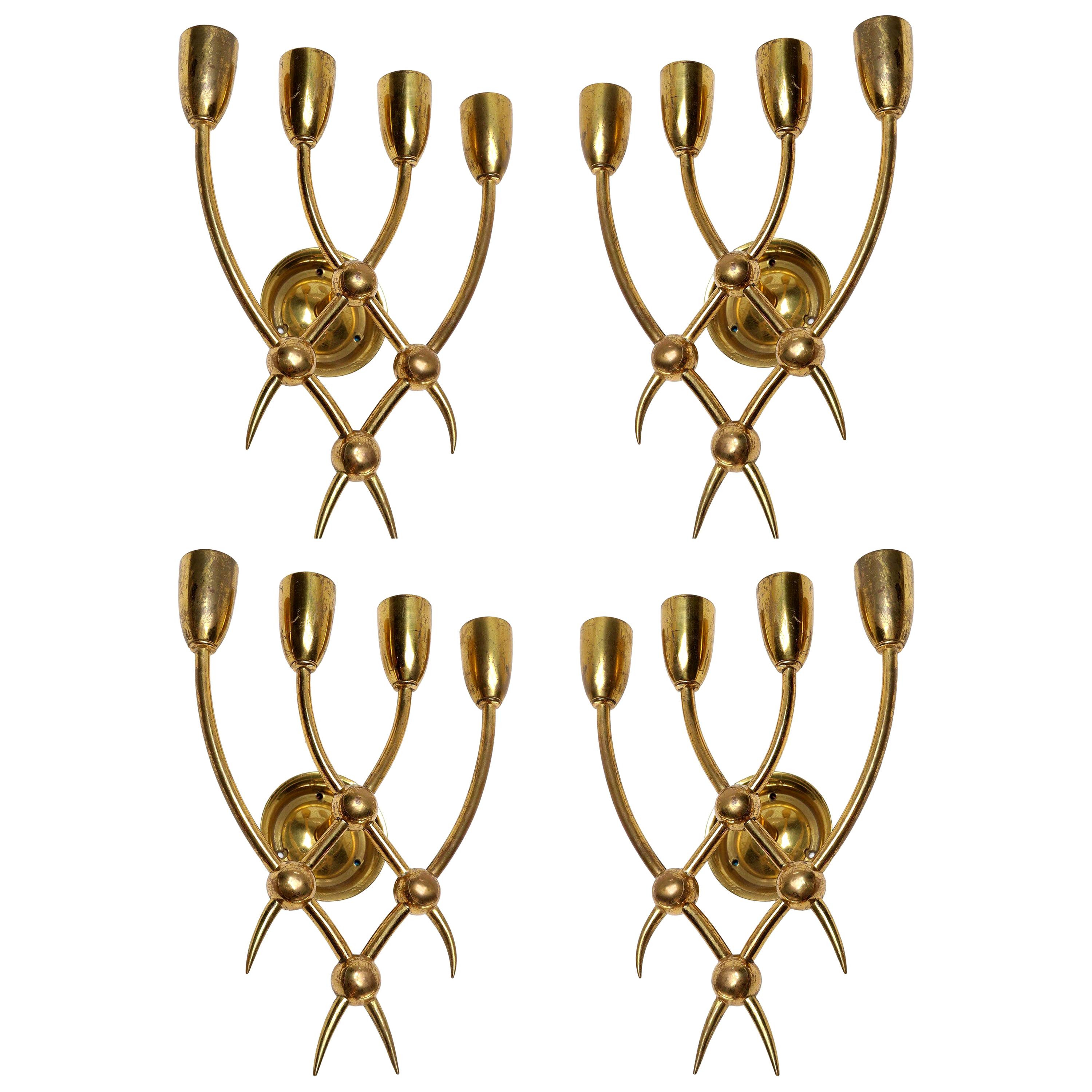 Four 1940s Brass Candelabra Sconces by Guglielmo Ulrich