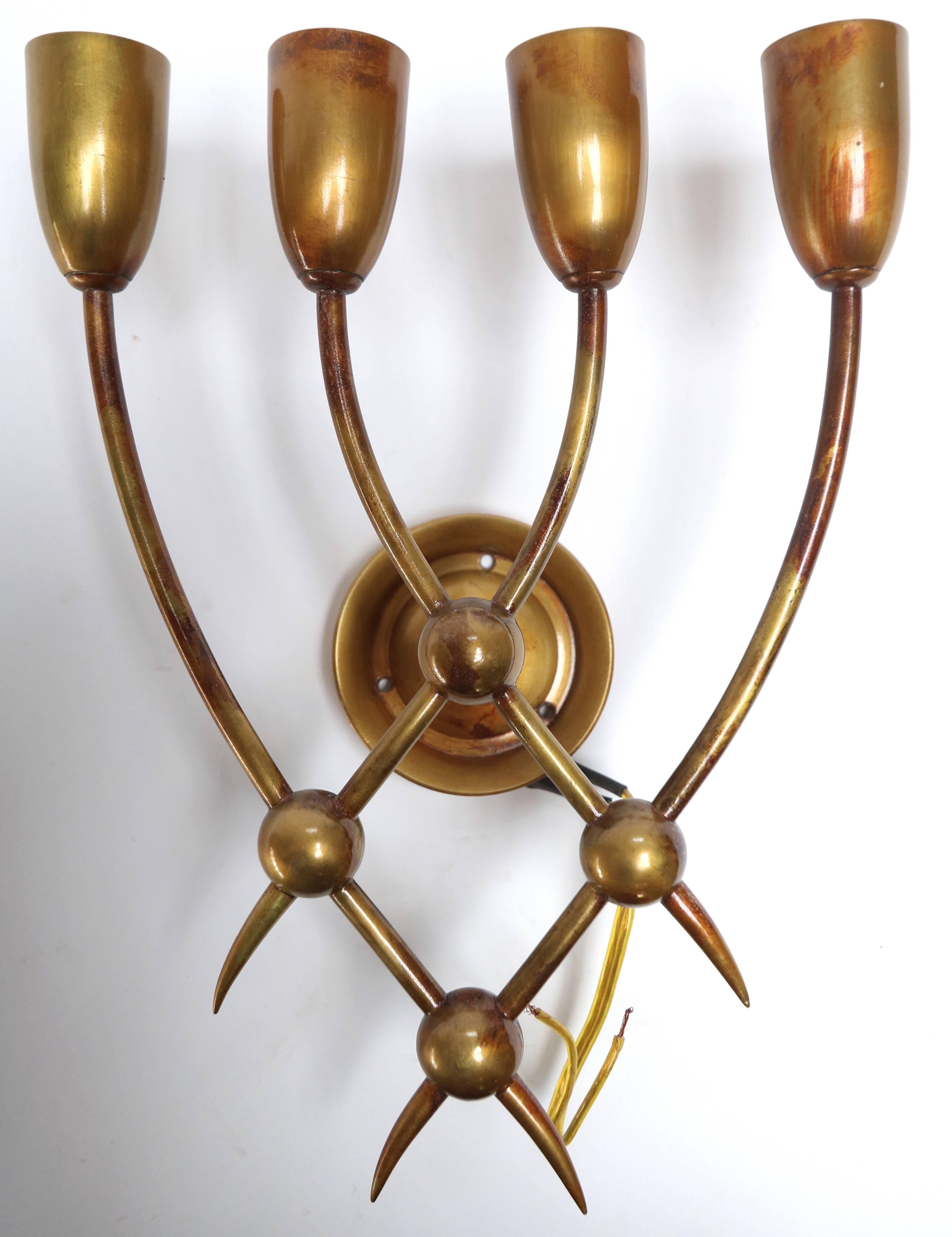 Mid-Century Modern Four 1940s Brass Candelabra Sconces by Guglielmo Ulrich