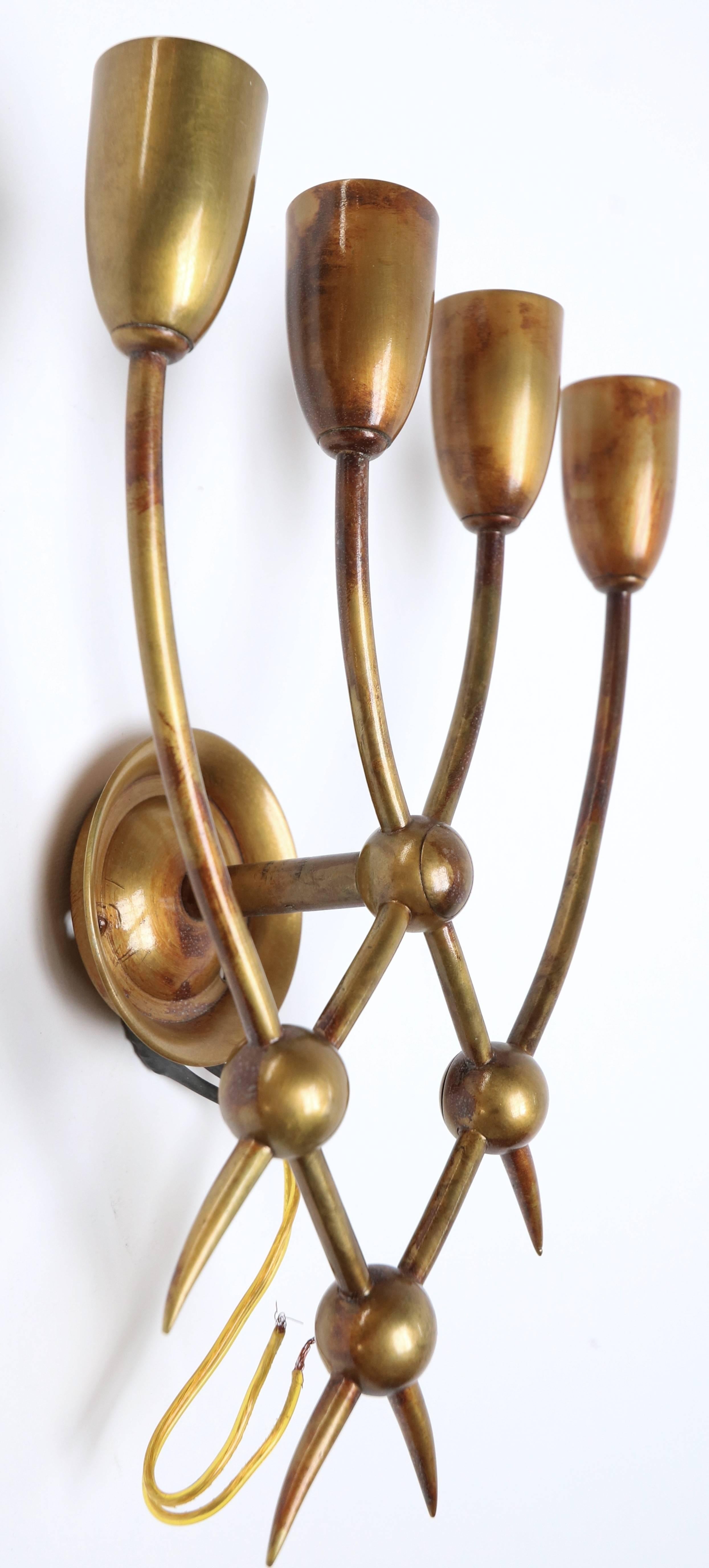 Italian Four 1940s Brass Candelabra Sconces by Guglielmo Ulrich