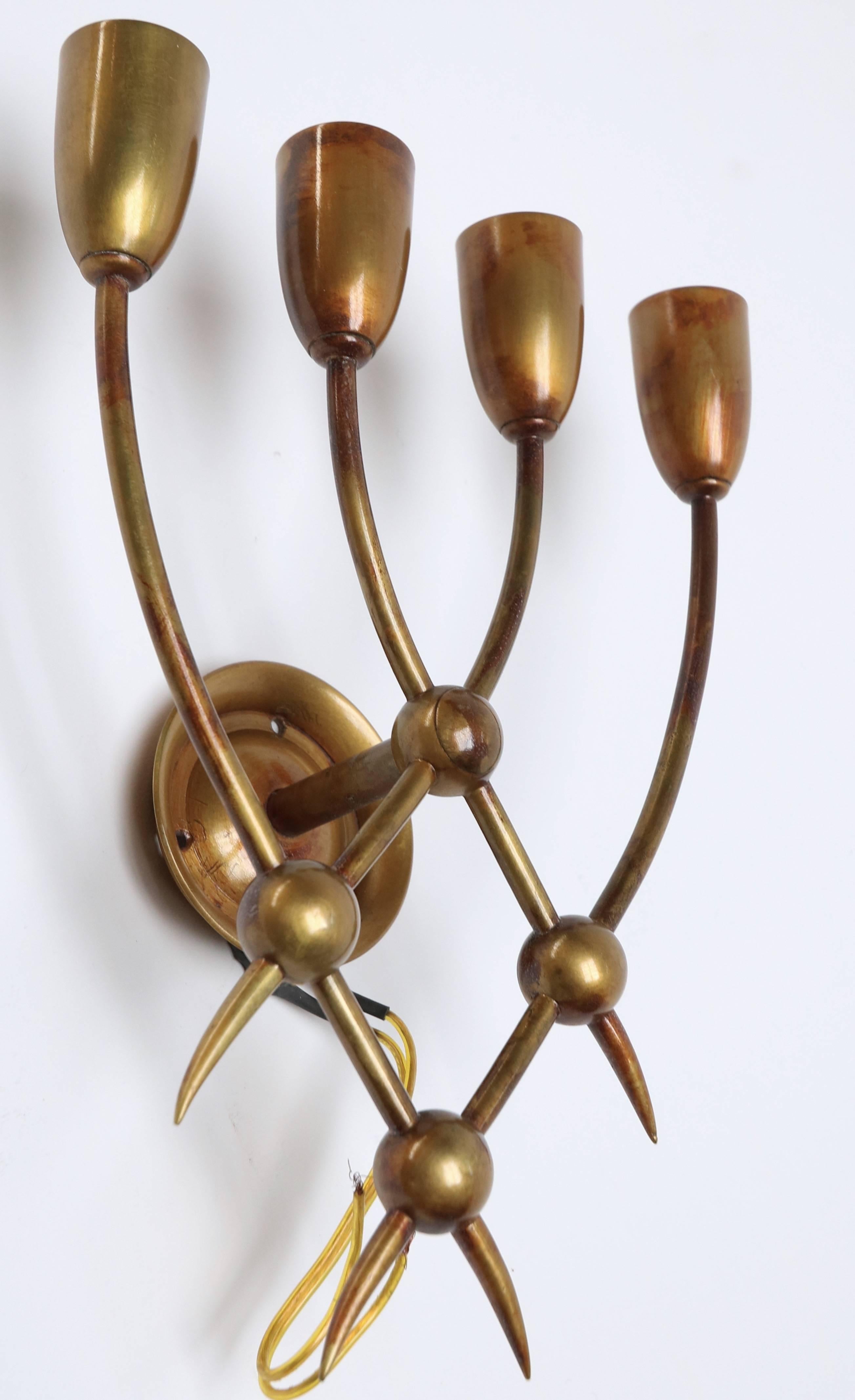 Four 1940s Brass Candelabra Sconces by Guglielmo Ulrich In Good Condition In Los Angeles, CA