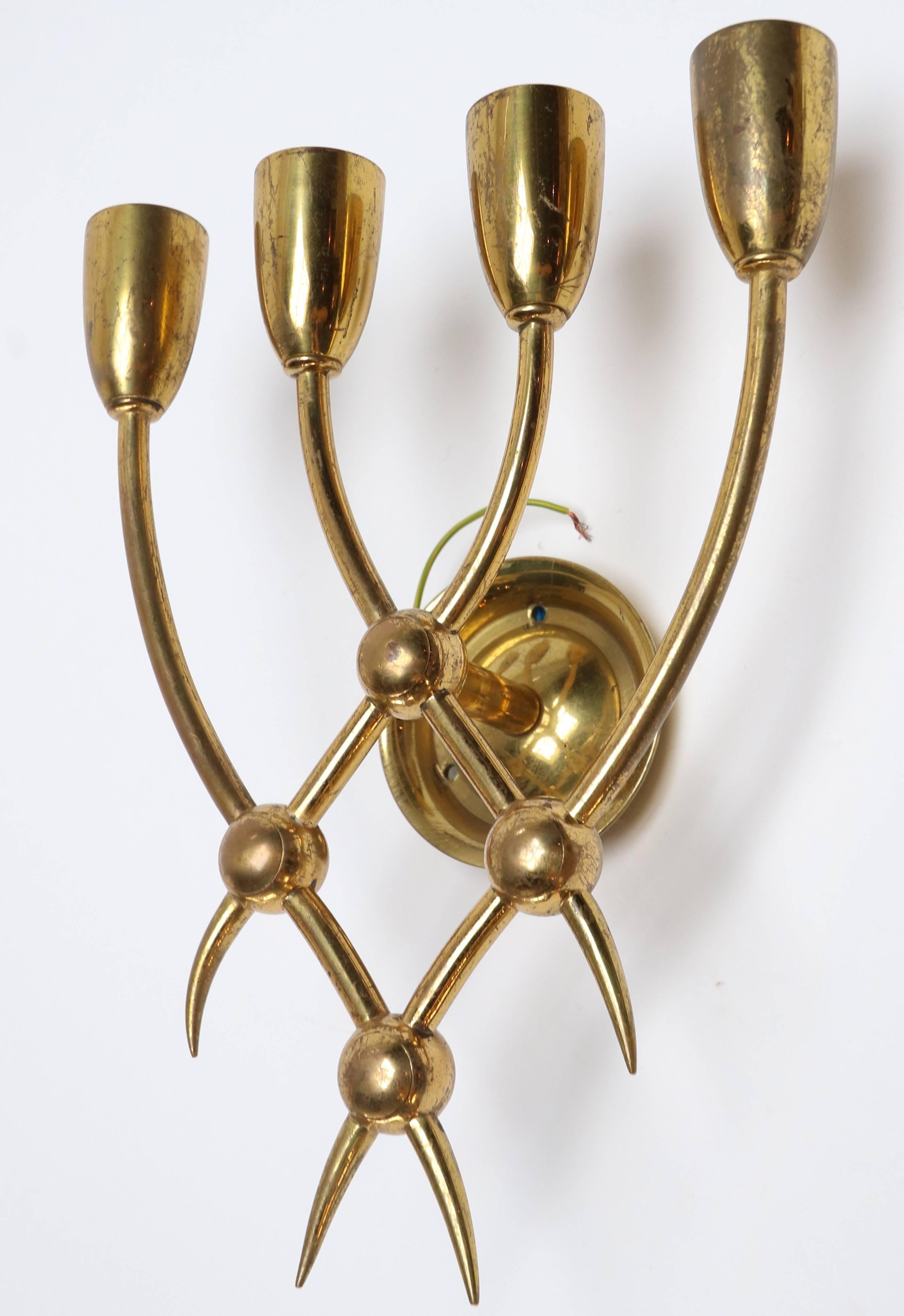 Mid-20th Century Four 1940s Brass Candelabra Sconces by Guglielmo Ulrich