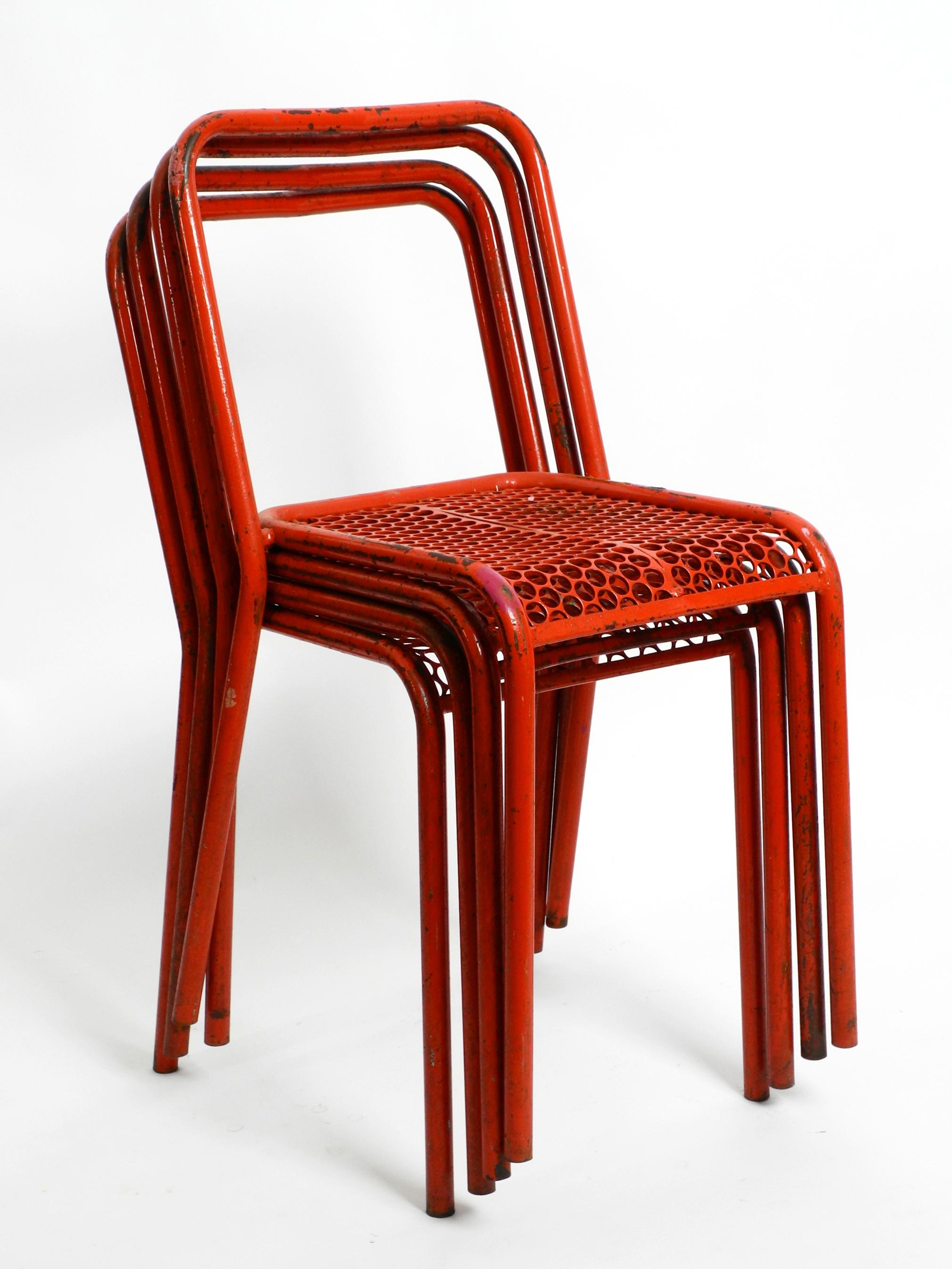Four 1940s Industrial Metal Chairs by Réne Malaval in Their Original Red Color 5