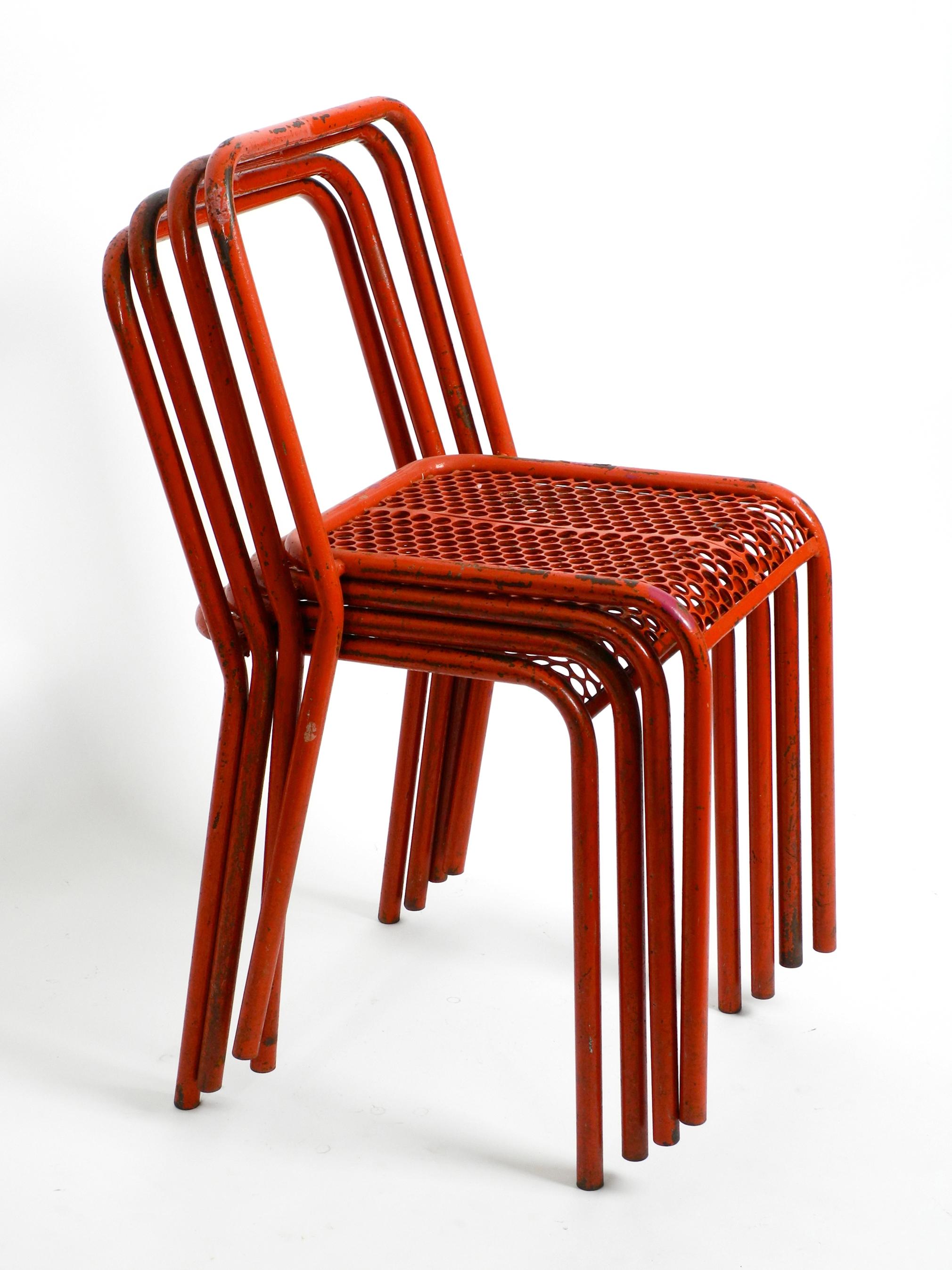 Four 1940s Industrial Metal Chairs by Réne Malaval in Their Original Red Color 6